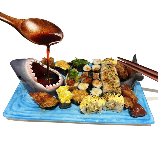 Shark Sushi Plate Ceramic Cute Japanese Blue Hand Painted Dinner Party Plates Food Safe Materials Soy Sauce Bowl and Chopstick Holder Large with Sushi Appetizer Birthday Plates Suitable for Microwave