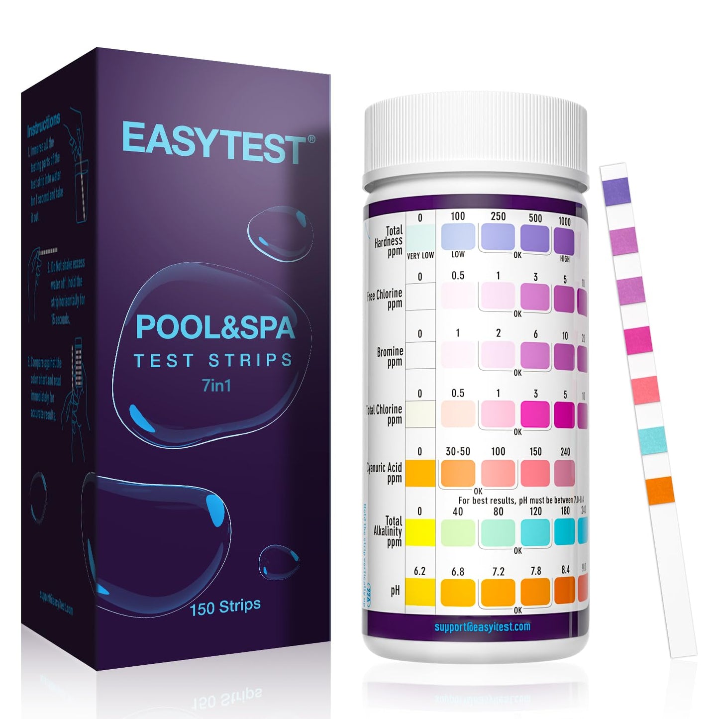 EASYTEST 7-Way Pool Test Strips, 150 Strips Water Chemical Testing for Hot tub and Spa, Accurate Test Bromine, Total Alkalinity, pH, Free Chlorine, Total Hardness, Cyanuric Acid, and Total Chlorine