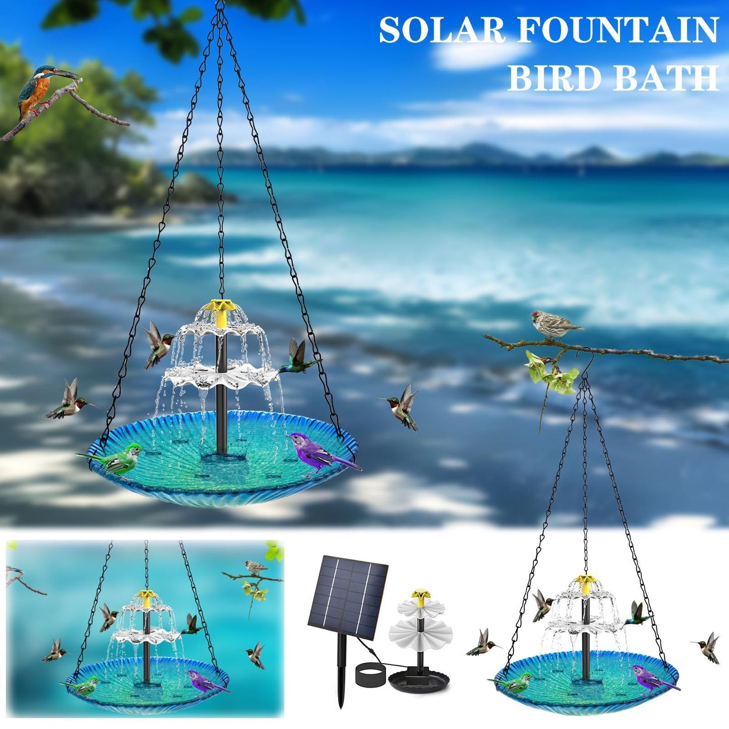 Hanging Bird Bath - Bird Bath Bowl with Solar Fountain Pump - Deck Mount Metal Bird Bath Bowl Powered by Water Fountain Pump for Outdoor Garden - Solar Powered Bird Bath Fountain