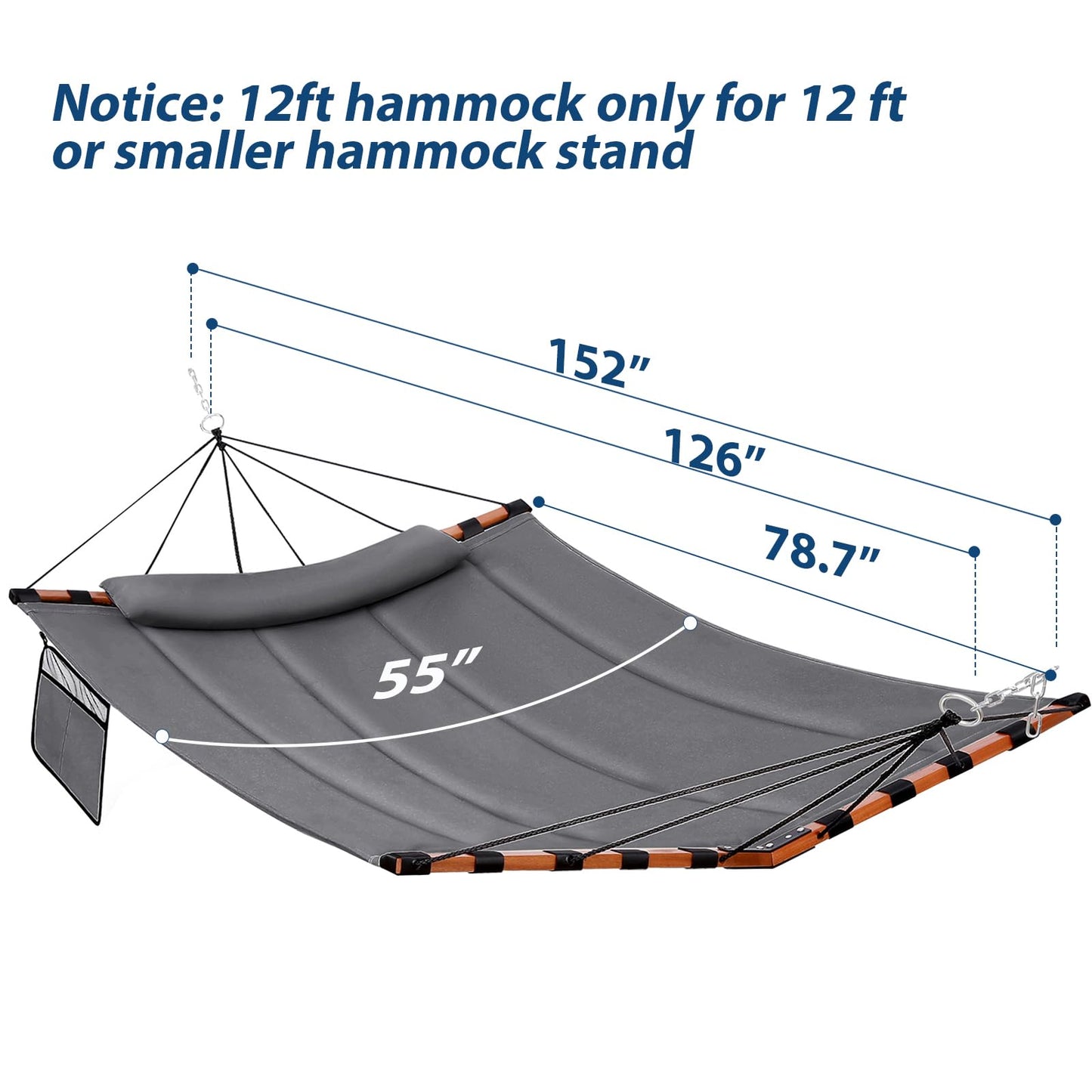 TegerDeger 12FT 2 Person Hammock Large Hammock 450LB Capacity with V Shaped Hardwood Spreader Bar & Nylon Rope for Outside, Patio, Garden, Backyard, Beach, Poolside - Gray