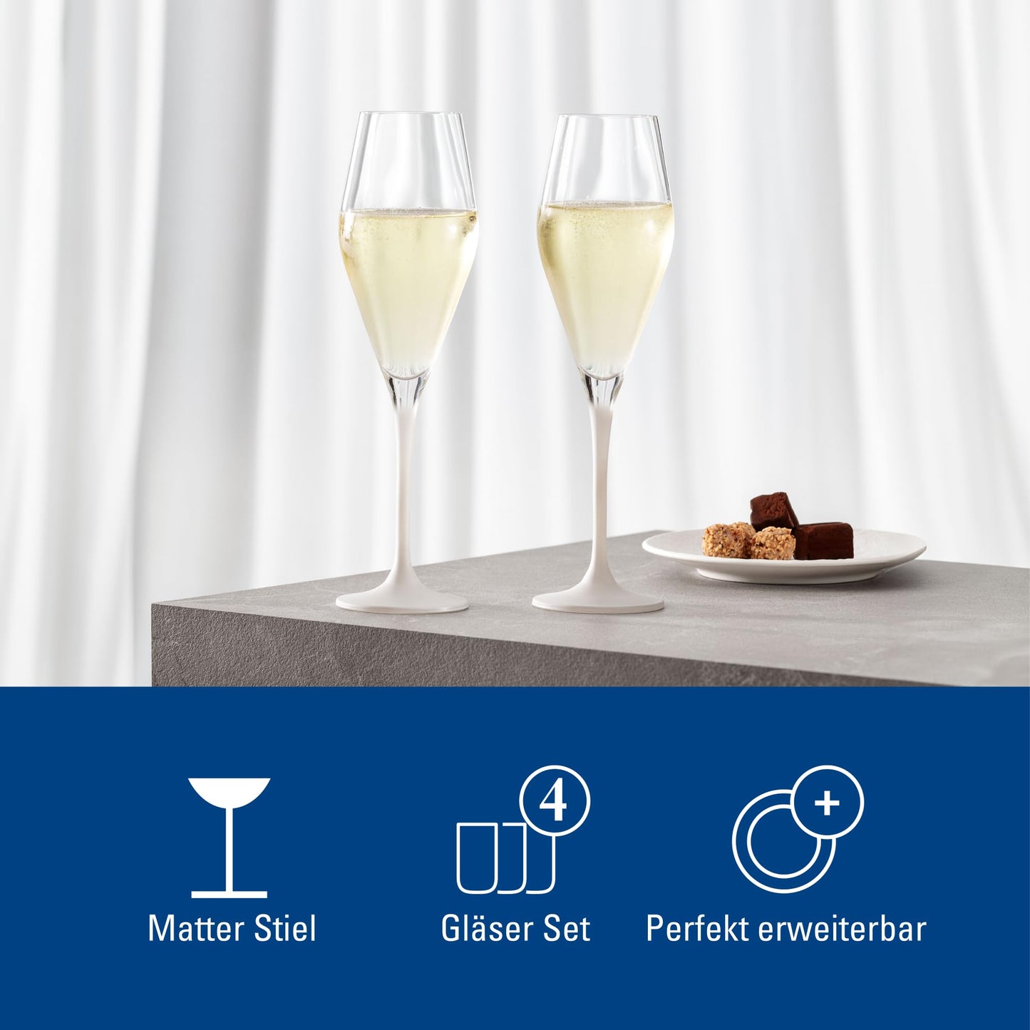 Villeroy & Boch - Manufacture Rock Blanc Champagne Flute Set, 4 pcs. Set of Drinking Glasses for Champagne and Sparkling Wine, 260 ml, Crystal Glass, matt White Slate Look