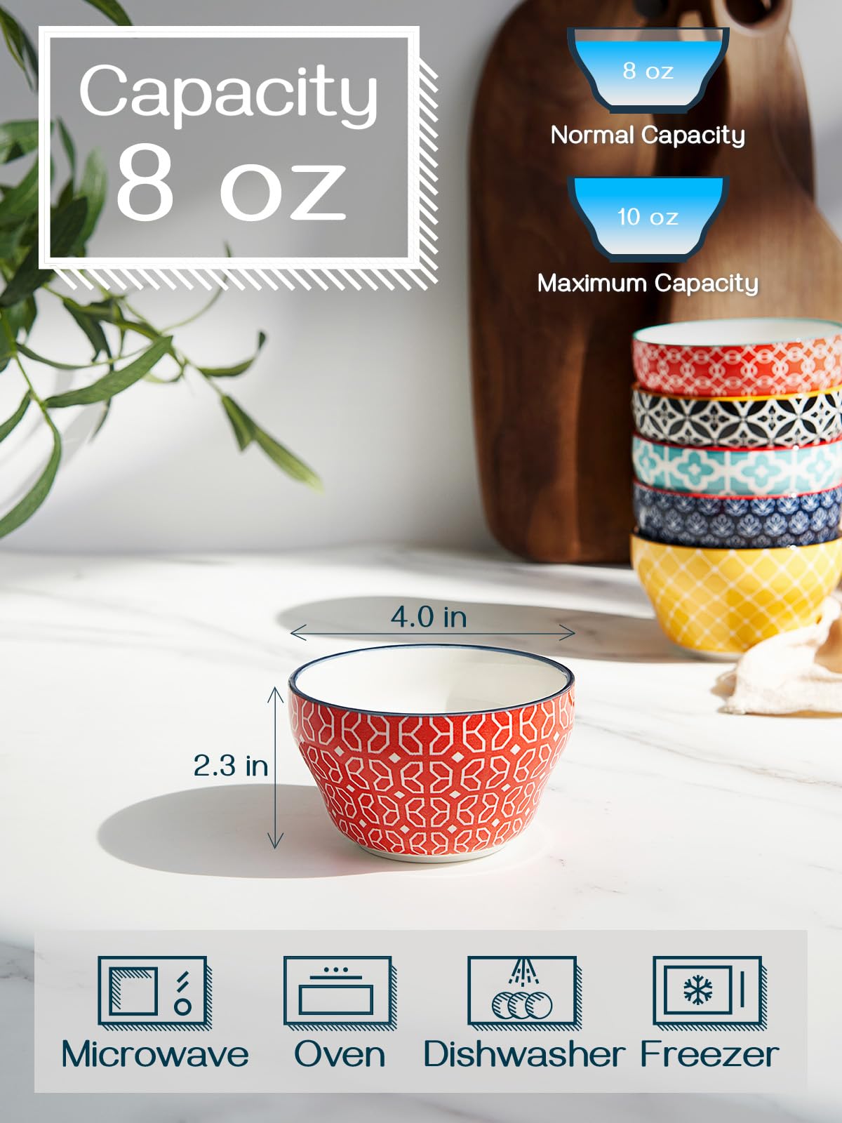 DOWAN Small Dessert Bowls Set of 6, 8oz Ceramic Bouillon Cups for Soup Dipping Sauce Coffee Cupping, Microwave Dishwasher Safe, Vibrant Patterned Porcelain Bowls for Kitchen Decor & Housewarming Gift