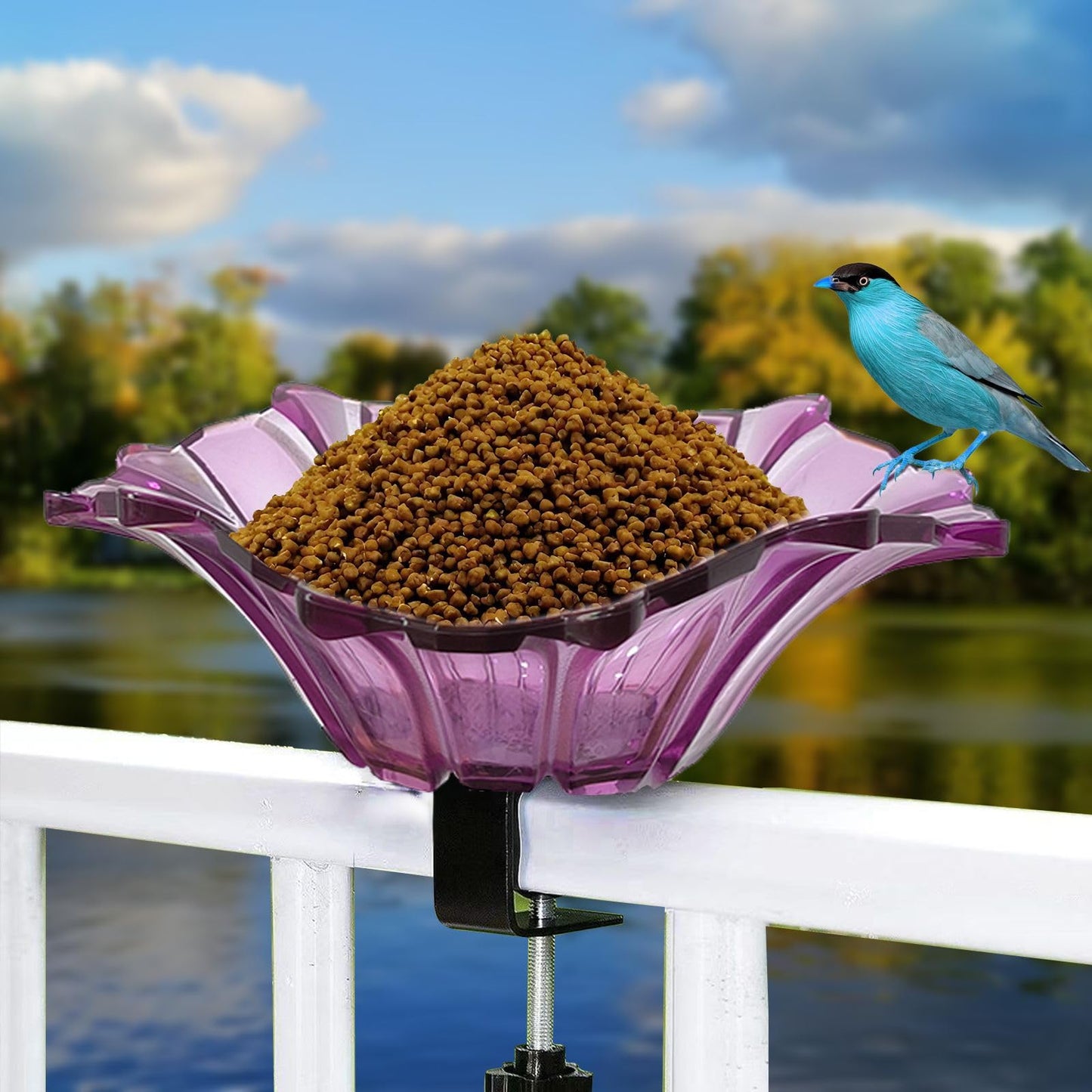 Metal Deck Mounted Bowl Bird Bath for Railing Patio Large Balcony Clearance Modern Bird Water with Stake Clam for Outdoors Garden (Red)