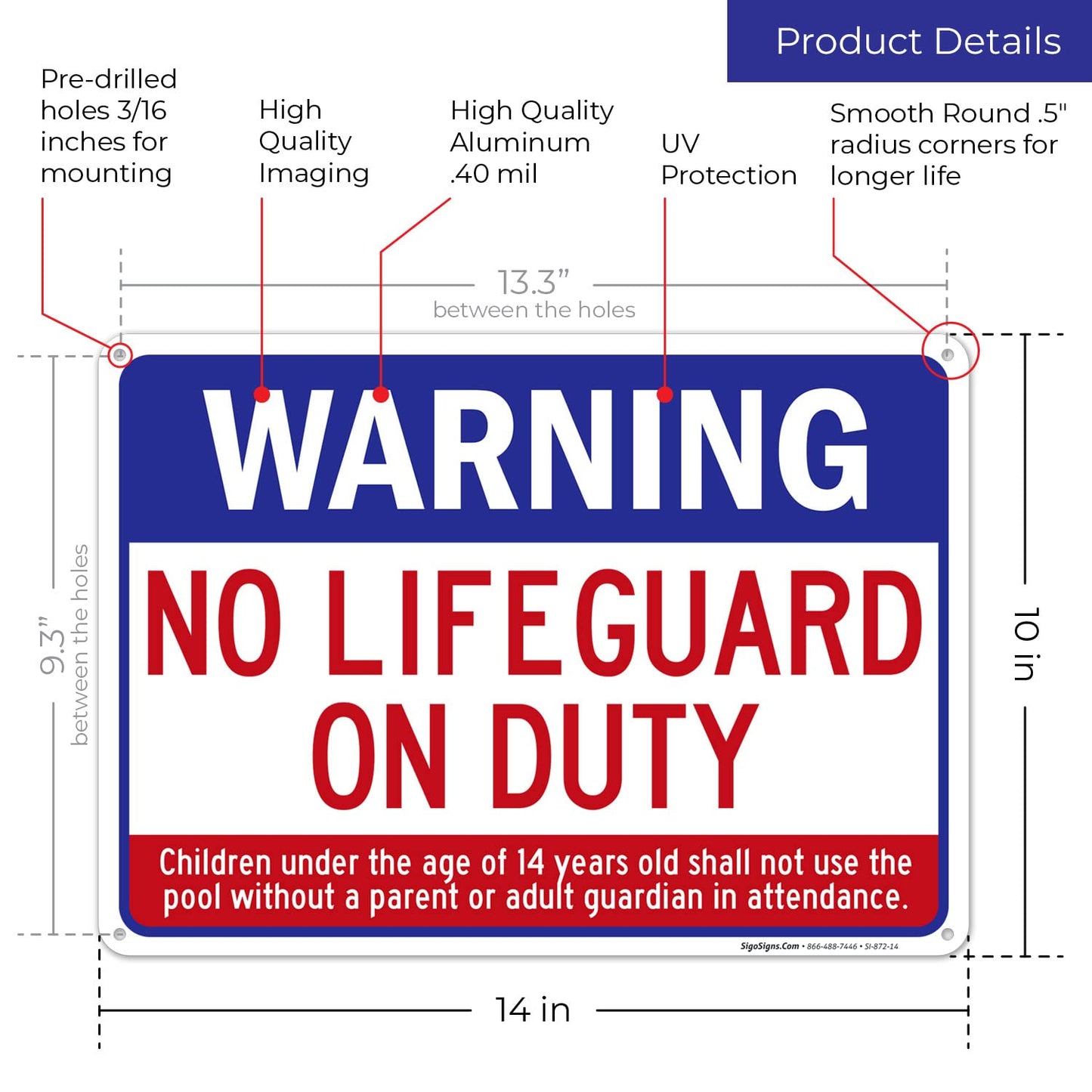 Swimming Pool Sign, Warning No Lifeguard On Duty Sign, Pool Sign, 10x14 Inches, Rust Free .040 Aluminum, Fade Resistant, Made in USA by Sigo Signs