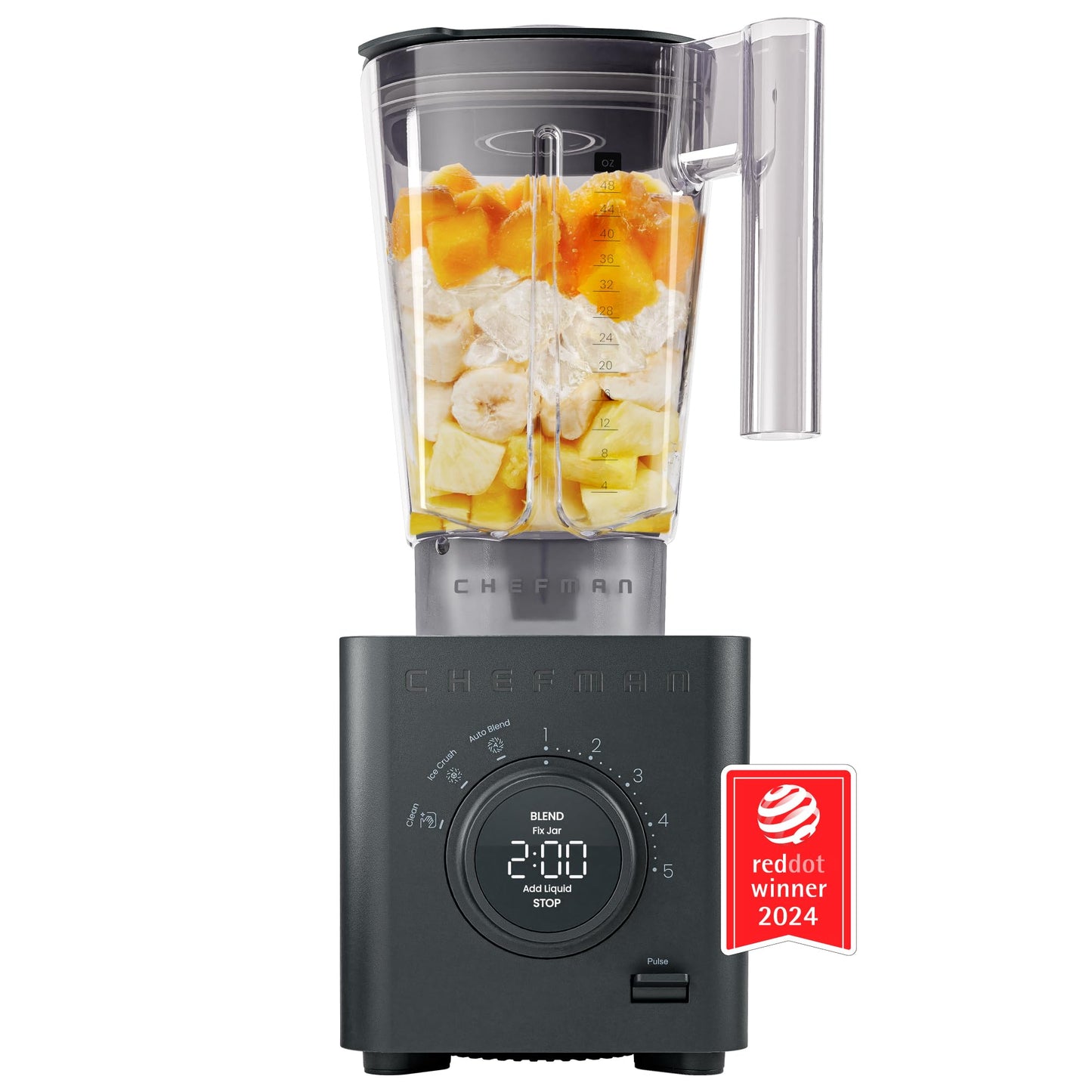 Chefman Obliterator 48 oz Countertop Blender for Smoothies, 1380W Motor to Crush Ice, Nuts, and Frozen Fruit with Stainless Steel Blade, Auto Blend Function, Includes Tamper and Scraper - Midnight