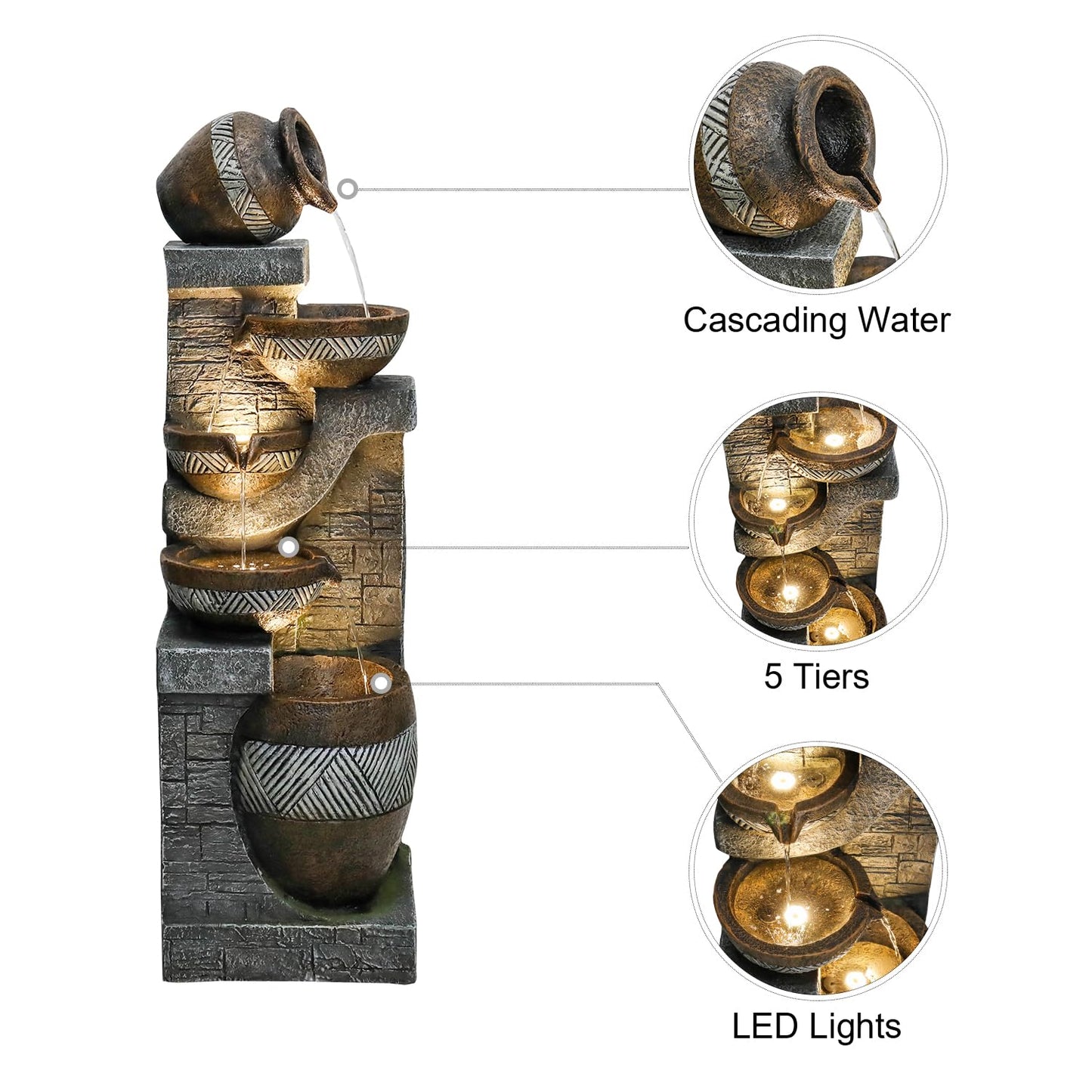 SunJet 5-Tiers Indoor/Outdoor Garden Water Fountain - 42.5inches Modern Floor-Standing Cascading Water Feature - Suitable for Deck, Patio, Porch, Yard Decor