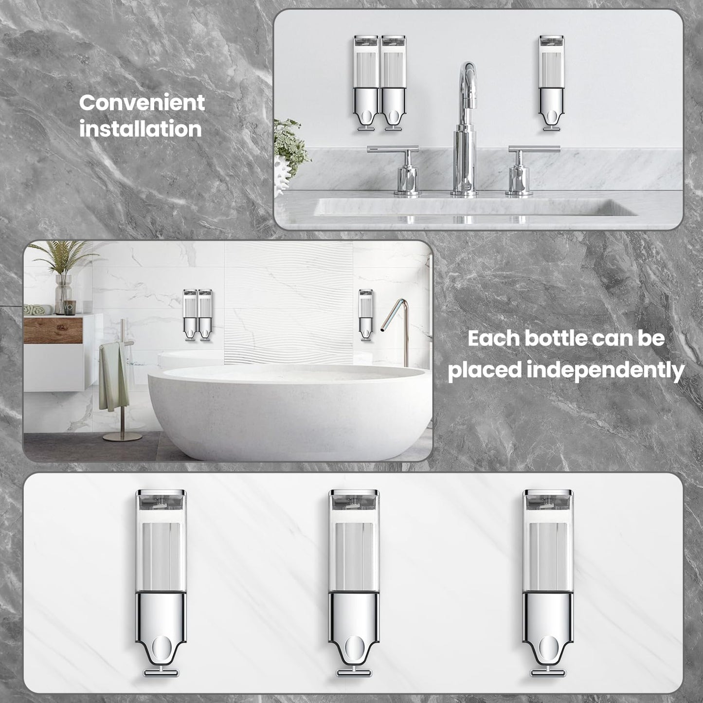 EHORIA 3-in-1 Quadrate Dispensers for The Shower,Shower soap Dispenser,Conditioner Dispenser, Shampoo Dispenser,No Drilled Wall Mounted Distributor,Hotel,Bathroom,Home (Triple, Colorless)