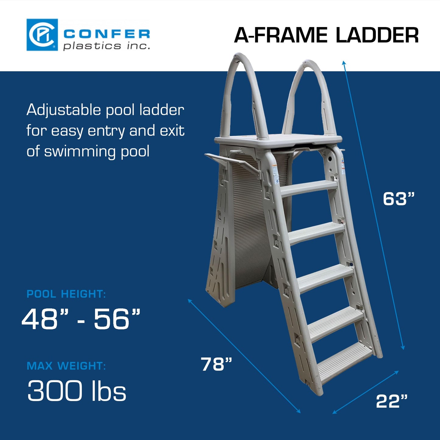 Confer Plastics 7200 Roll Guard 48" to 56" Adjustable A Frame Safety Ladder for Above Ground Outdoor Patio Swimming Pool Platform Ladder with Step Barrier, Warm Grey…