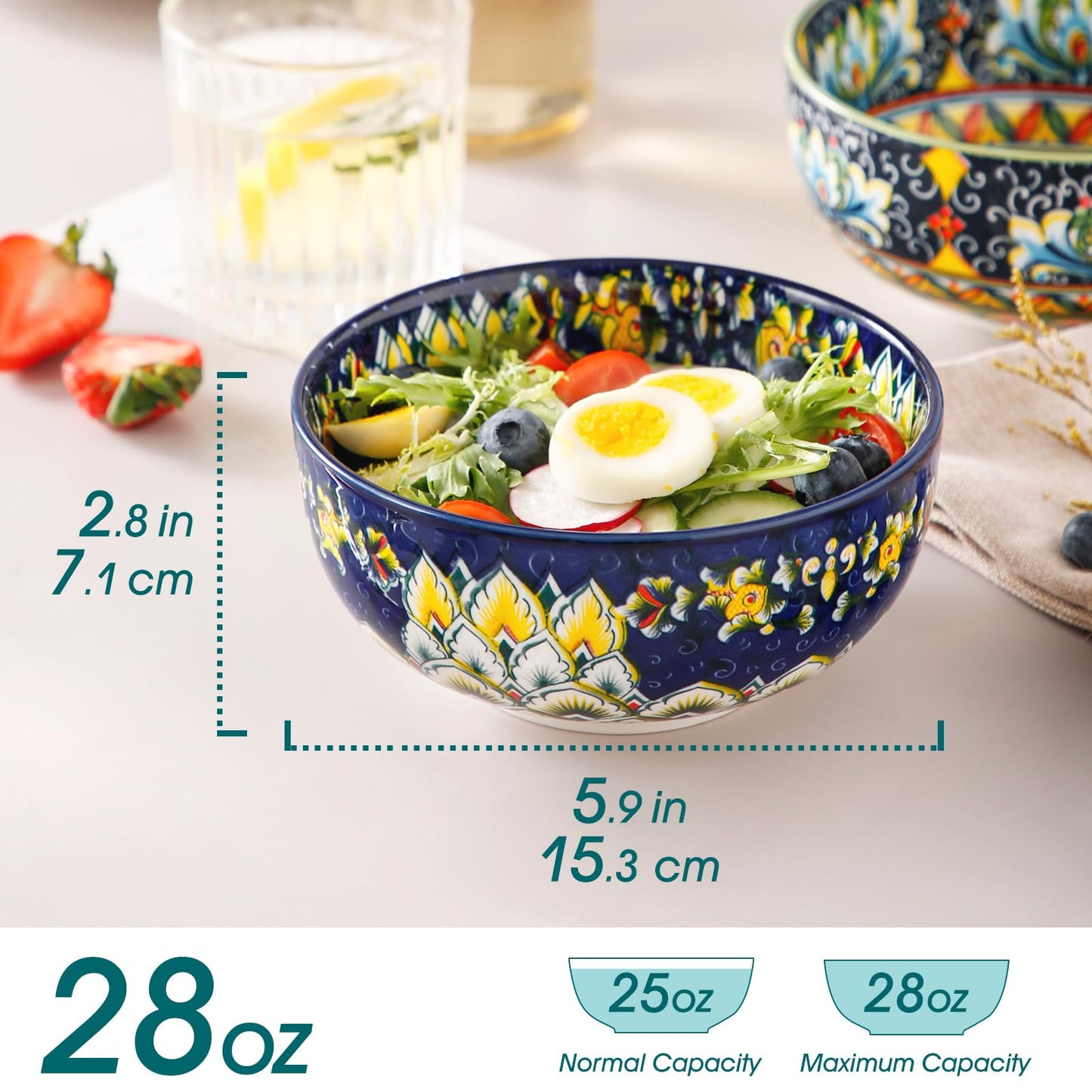 vancasso Cereal Bowls Set of 6, Bohemian Ceramic Soup Bowls, 28 oz Colorful Bowls Set for Kitchen, Dishwasher & Microwave Safe for Salad, Pasta, Rice, Oatmeal, Fruit