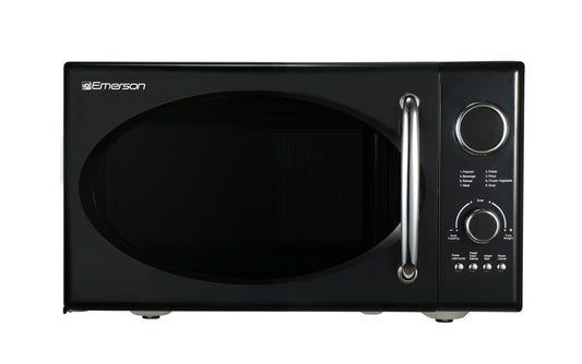 Emerson MWRG0901BK Retro Compact Countertop 800W Microwave Oven with 1,000W Grill Function, LED Display, 5 Power Levels, 8 Auto Menus, Glass Turntable and Child Safe Lock, 0.9 Cu. Ft., Black