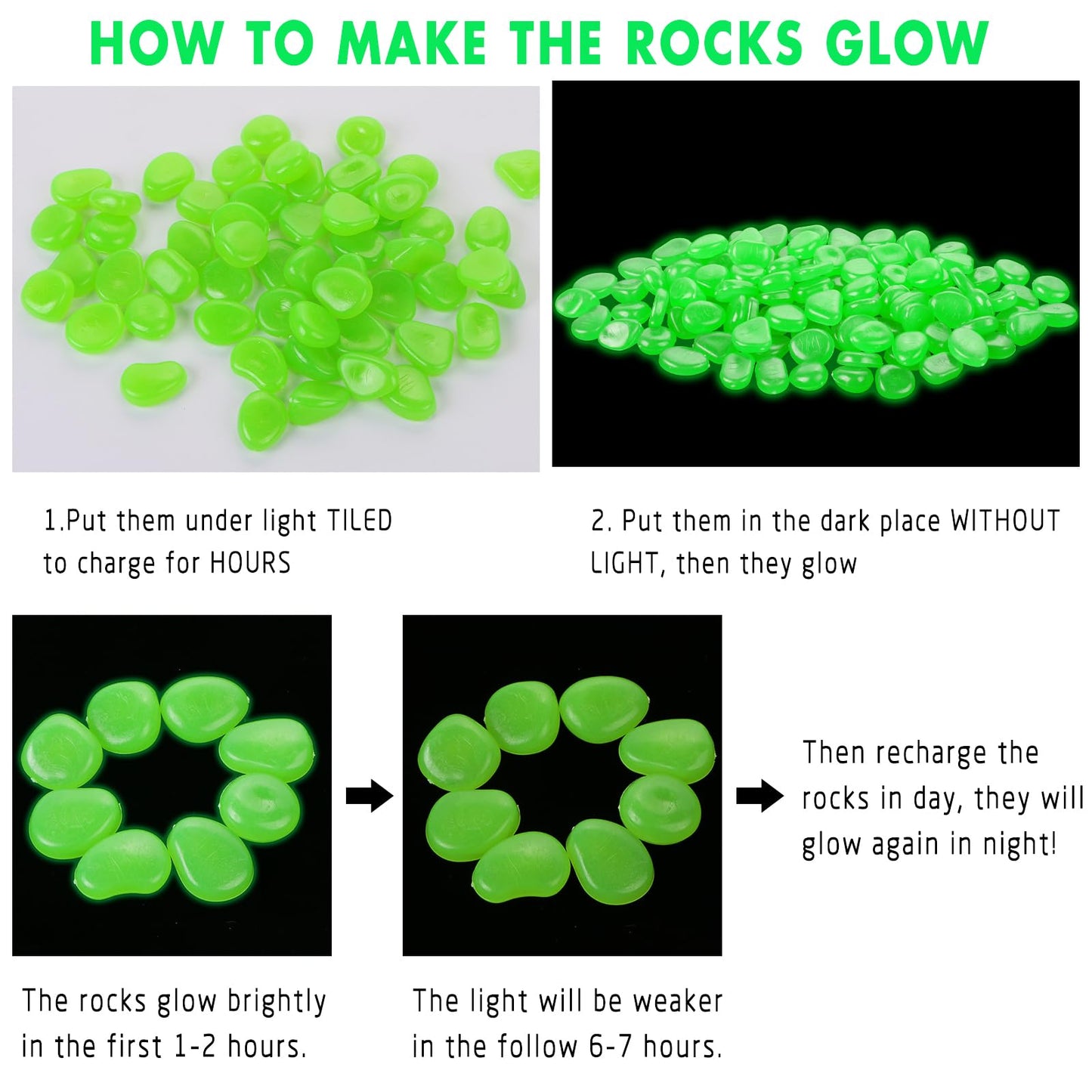 TOSAMZOO 100 PCS Glow in The Dark Garden Pebbles Stones Rocks, Glowing Rocks for Outdoor Decor, Garden Lawn Yard, Aquarium, Walkway, Fish Tank, Pathway (Green)