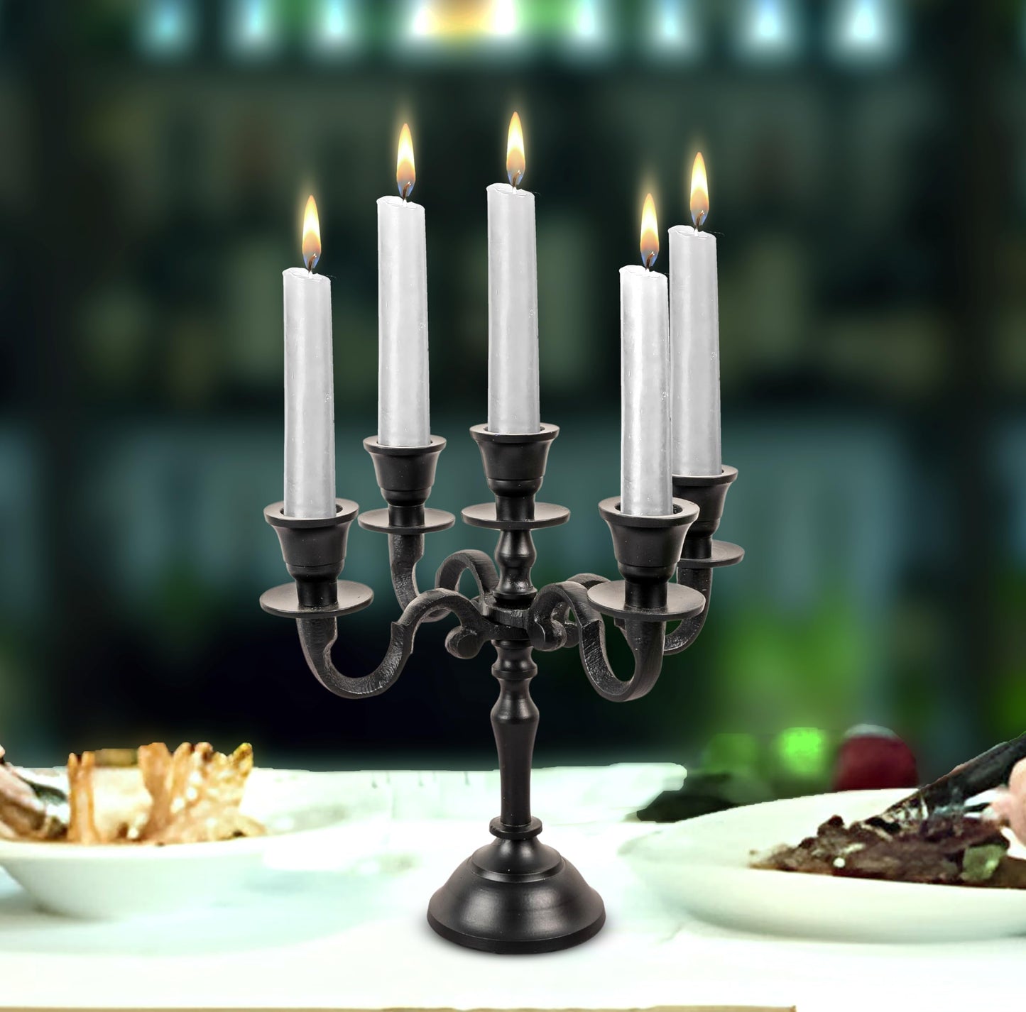 Rely+ 5 Arm Baby Candelabra Black Matte 8" Tall - Taper Candle Holders - Candle Stands - Candlesticks Holders for Home Decor, Wedding, Party, Dining Table Centerpiece, Fit 3/4 inch Mini Candles