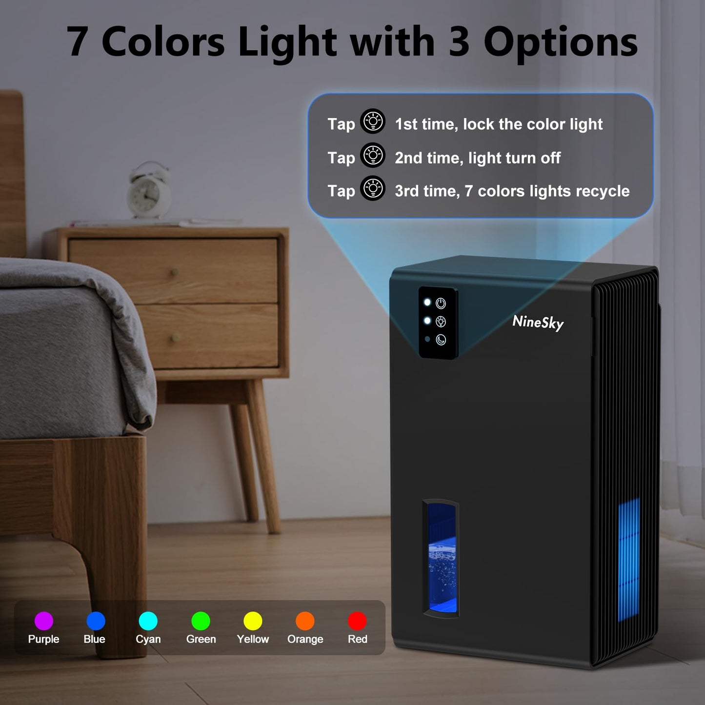 NineSky Dehumidifier for Home, 95 OZ Water Tank, (1000 sq.ft) Dehumidifiers for Bathroom Bedroom Basement with Auto Shut Off,7 Colors LED Light(Black)