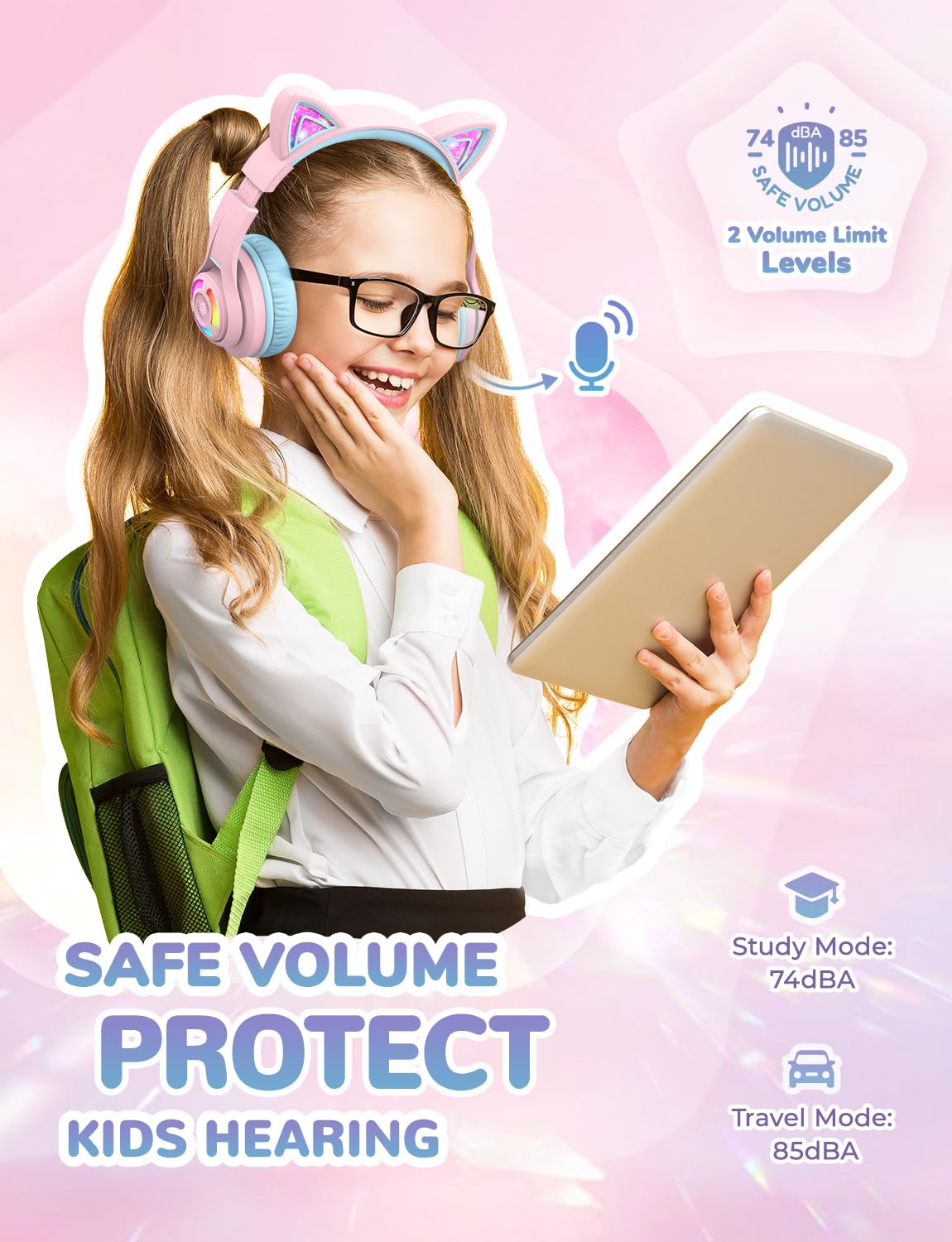 iClever Cat Ear Kids Bluetooth Headphones, LED Lights Up, 74/85dBA Safe Volume Limited, 50H Playtime,Bluetooth 5.2, USB C, Kids Headphones Wireless for Travel iPad Tablet, Meow Macaron Pink