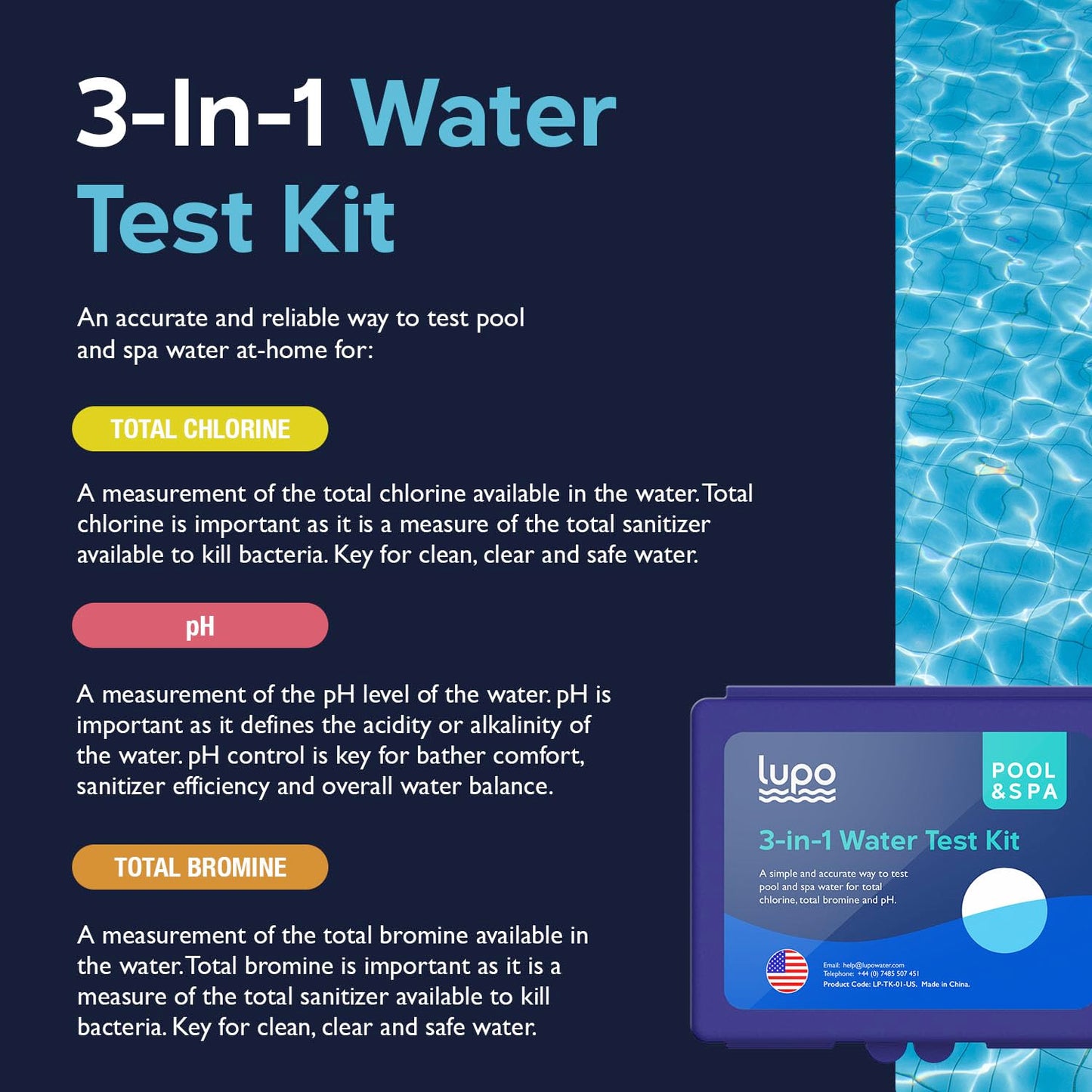 Lupo 3-in-1 Pool Test Kit | Pool Testing Kit for Residential Swimming Pools & Spas for Testing Total Chlorine, Total Bromine & pH | Chemical Test Kit for Quick & Accurate at-Home Pool Water Testing