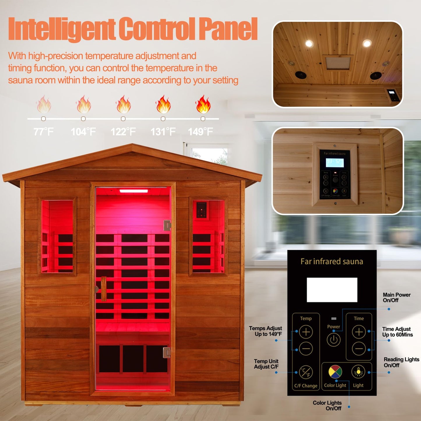 SALUSHEAT 3 Person Sauna Outdoor Sauna Far Infrared Saunas Low EMF Infrared Sauna for Home 1950W Indoor Sauna Mahogany Wooden Sauna Spa with Beauty Red Light, Foldable Seat, Headrest, Bluetooth