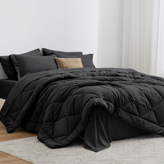 Love's cabin California King Comforter Set Black, 7 Pieces California King Bed in a Bag, All Season Bedding Sets with 1 Comforter, 1 Flat Sheet, 1 Fitted Sheet, 2 Pillowcase and 2 Pillow Sham