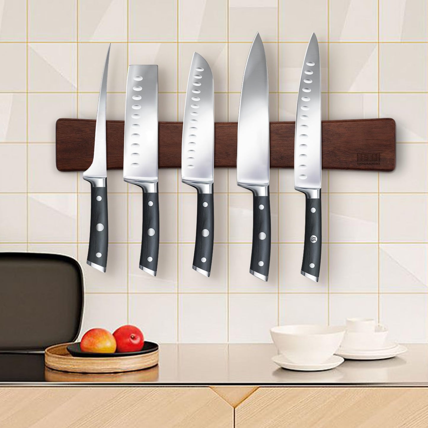 HOSHANHO Magnetic Knife Strips, Magnetic Knife Holder for Wall 16 Inch, Acacia Wood Knife Magnetic Strip Use as Knife Bar, Knife Holder for Kitchen Utensil Organizer