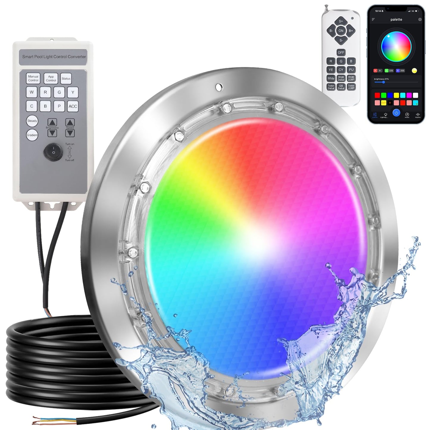 FixOasis Led Pool Lights for Inground Pool,60W 10 Inch Inground Pool Light with Controller,Remote and APP Control,50FT Cord,Suitable for Most 10 Inch Wet Niche,304 Stainless Steel,IP68