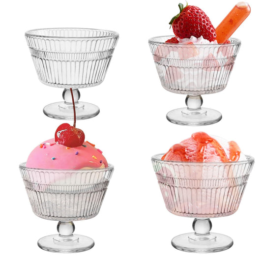 CHPINDAM Vintage Glass Dessert Bowls, Dessert cups Set of 4, 9 oz Sundae Cups for Ice Cream, Fruit, Pudding, small snacks, Yogurt, and Appetizers (4)