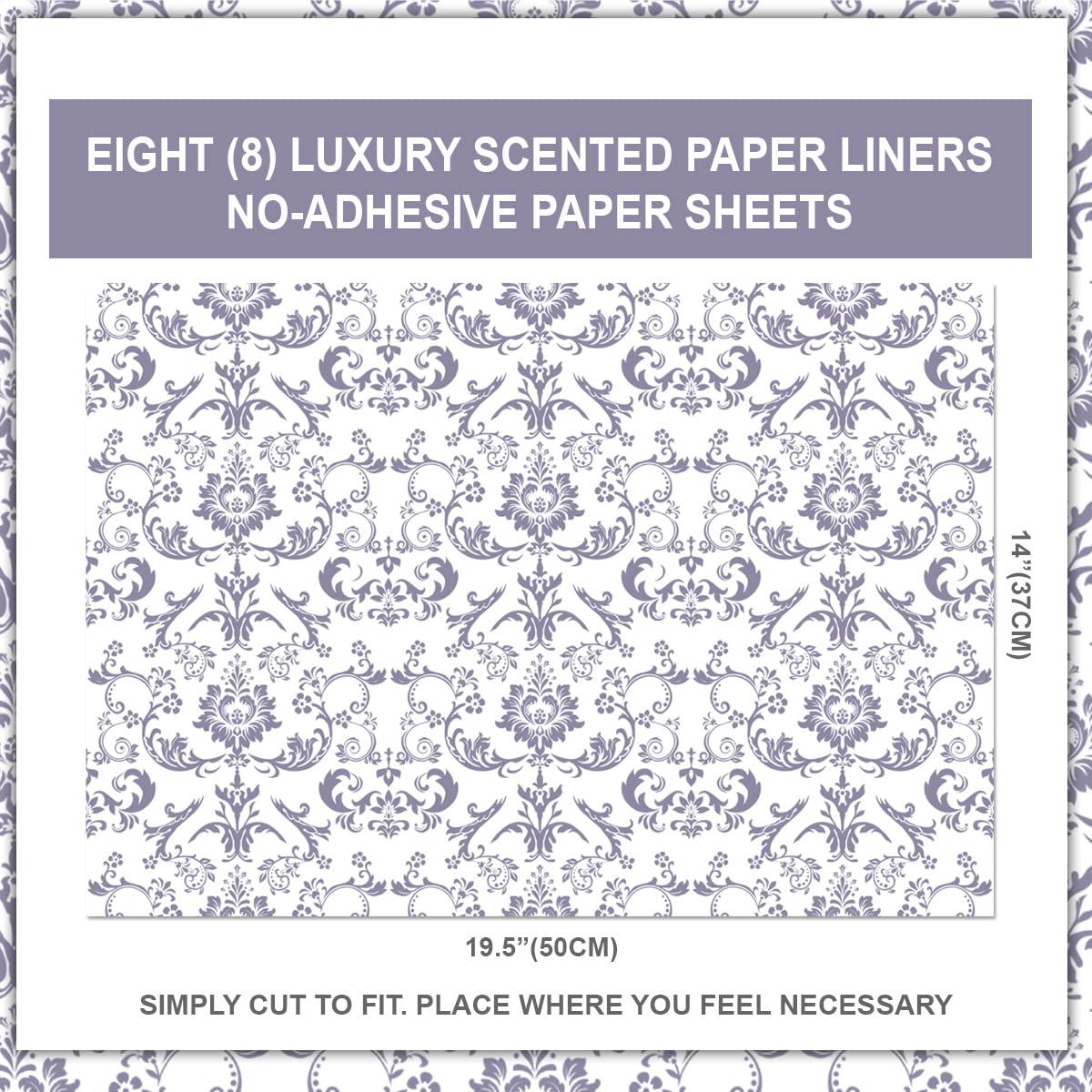 QECOR Eight (8) Large Scented Drawer and Shelf Liners - Royal Damask Pattern - 14 x 19½ Inch Sheets - Non-Adhesive Paper Sheets for Closet Shelves and Dresser Drawers (English Lavender)