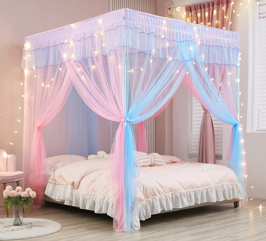 Mengersi Rainbow Canopy Bed Curtains with Lights - Princess Bed Canopy for Girls - Bed Drapes Netting- Bedroom Decoration Accessories,Twin