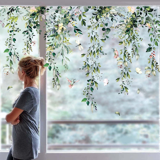 Whaline 9 Sheets Spring Flowers Window Clings Eucalyptus Flower Window Stickers Summer Plant Hanging Vine Floral Leaf Reusable Static Window Decals for Wedding Party Home Decor Supplies
