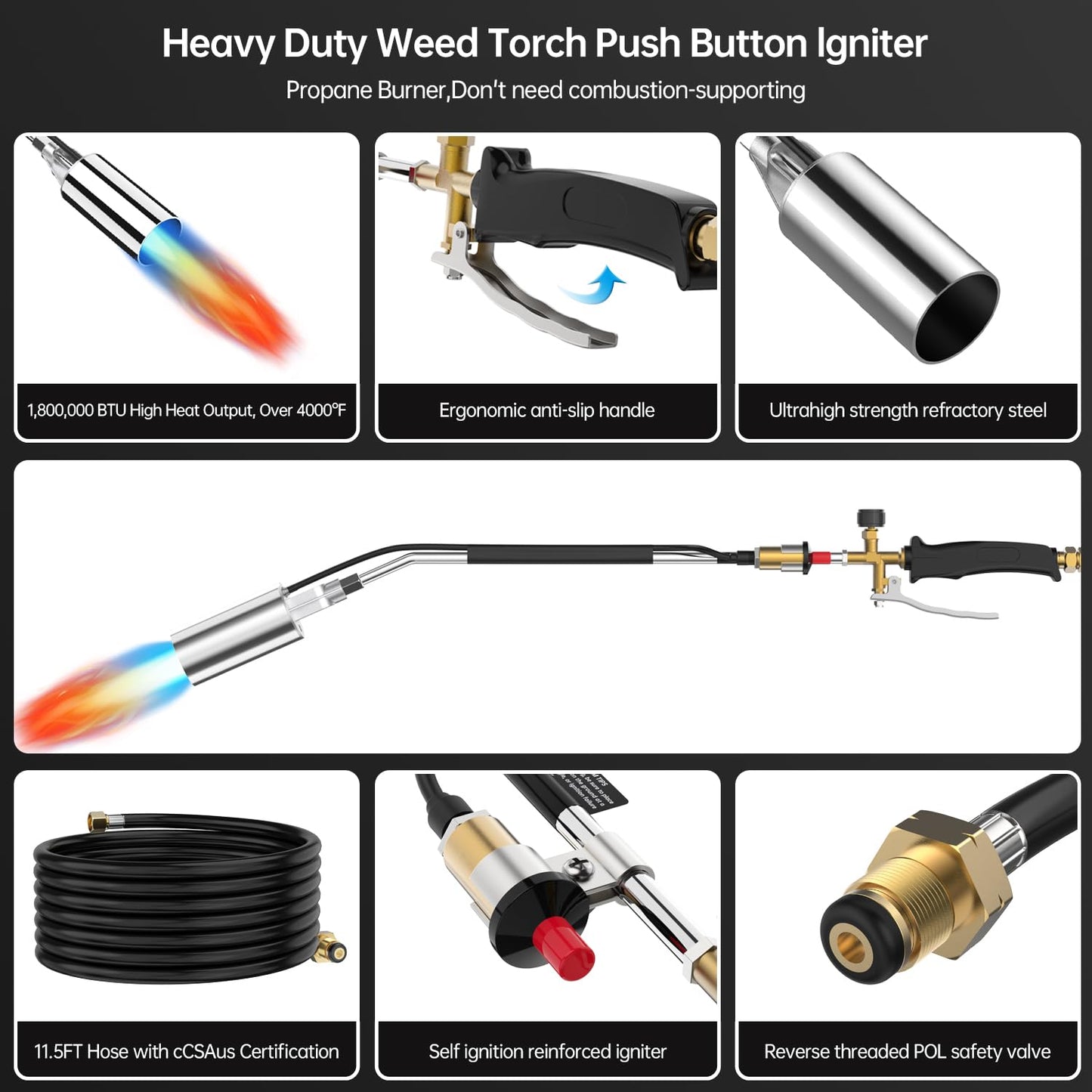 Propane Torch Weed Burner Kit Portable Garden Torch Weed, High Output 1800,000 BTU Blow Torch with 11.5FT Hose, for Flame Torch Weeds, Roof Asphalt, Ice Snow, Road Marking, Garden Torch,BBQ