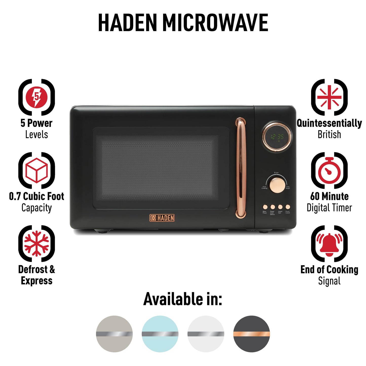 Haden 700 Watt 0.7 Cubic Foot Microwave Oven with Digital Controls, Defrost, and Instant Start Countertop Small Appliance, Black/Copper