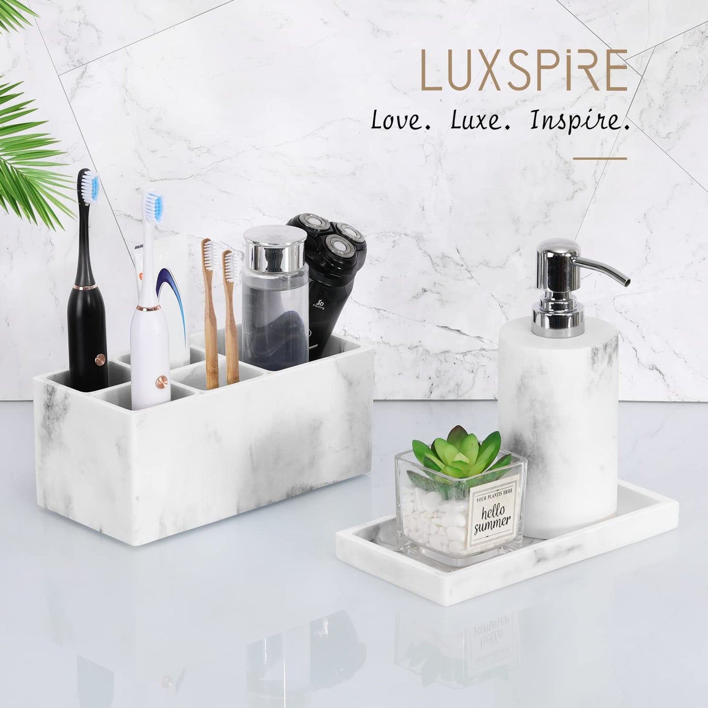 Luxspire Bathroom Vanity Tray, 8 x 4 inch Resin Soap Dispenser Tray Kitchen Sink Tray, Small Marble Tray for Bathroom Countertop Organizer, Soap Dish Sponge Holder, Mini, White Marble