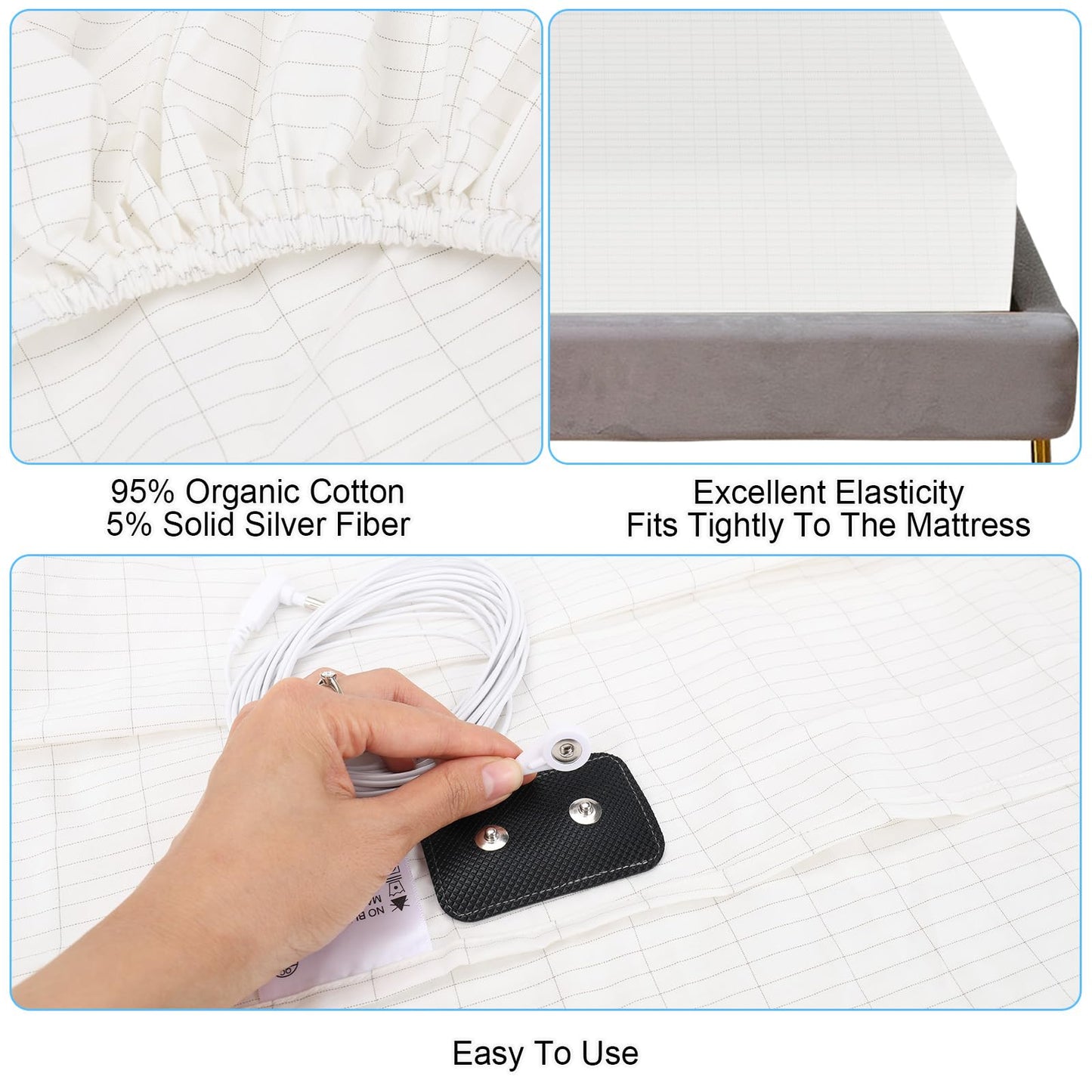 ConBlom Grounding Fitted Sheet with Grounding Cord, Earthing Sheets King Size, 5% Silver Fiber & 95% Cotton Fiber, Conductive Earthing Bed Sheet for Better Sleep (White, King)