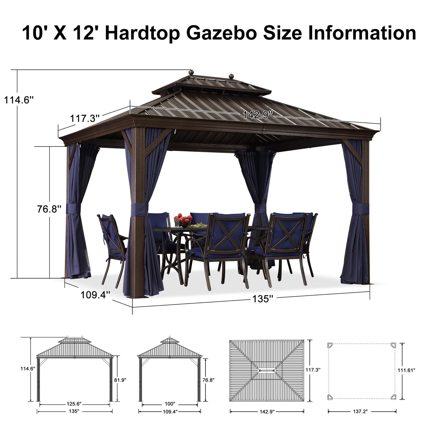 PURPLE LEAF 10' X 12' Hardtop Gazebo Canopy with Netting and Curtains for Outdoor Deck Backyard Heavy Duty Sunshade Outside Metal Patio Permanent Pavilion