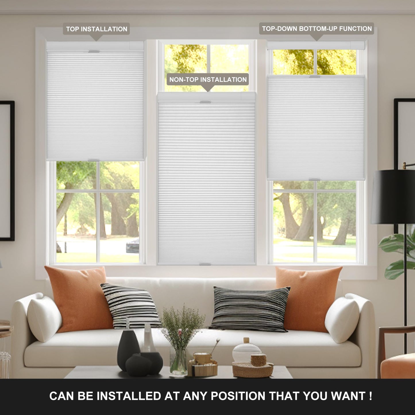 Boolegon No Drill No Tools Cellular Shades Top Down Bottom Up Honeycomb Blinds Blackout Cordless Window Blinds Easy to Install Cellular Shade for Windows,Blackout-White,Custom Size