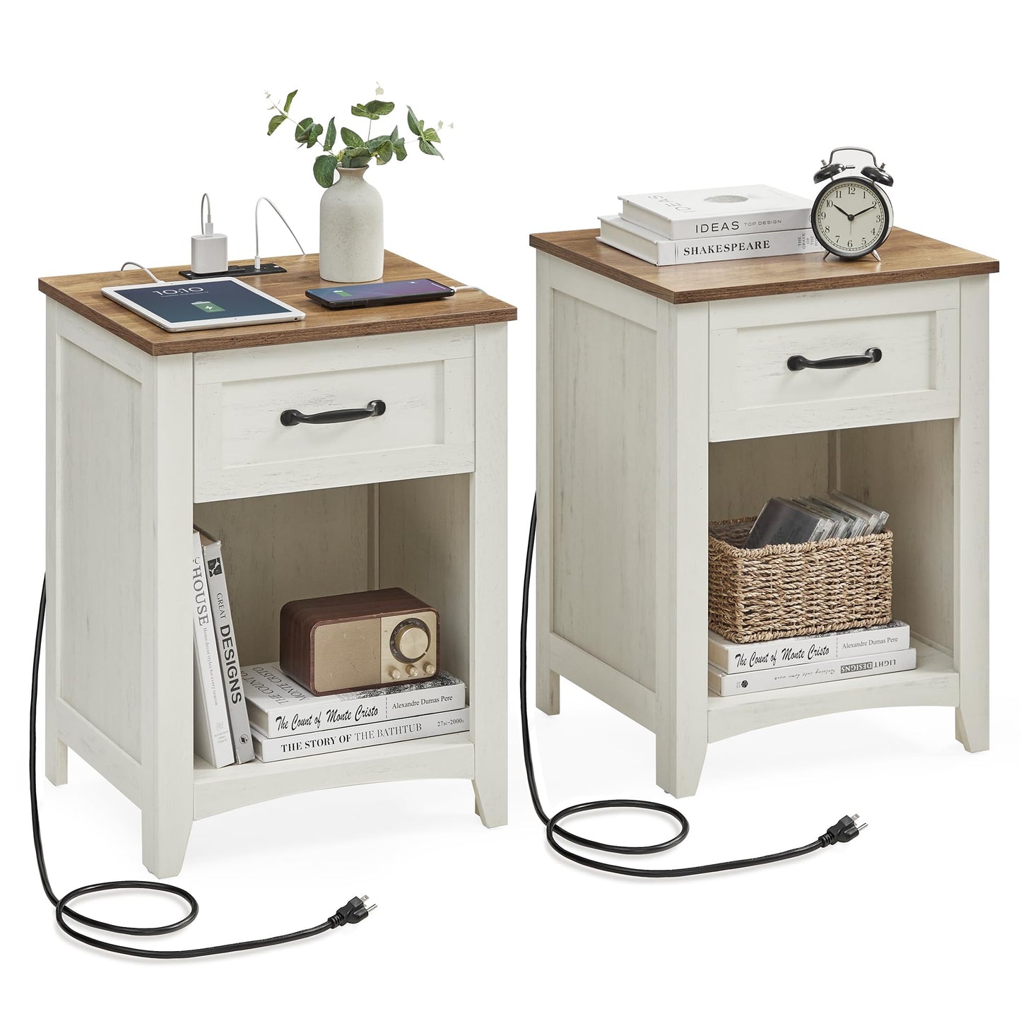 VASAGLE Farmhouse Nightstands with Charging Station, Set of 2, Bedside Tables with Drawer, Open Compartment, Side Tables with Storage, for Bedroom, Rustic White and Honey Brown ULET859K41