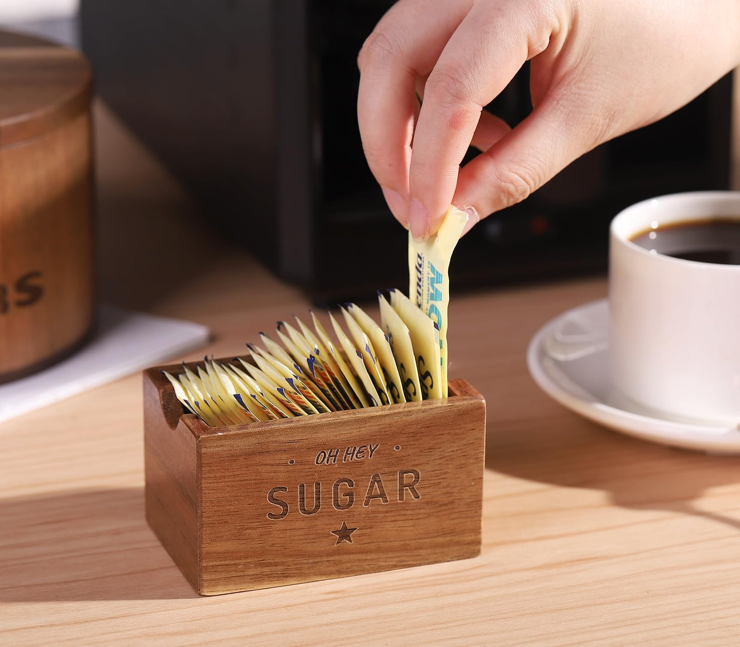 Sugar Packet Holder For Coffee Bar, Acacia Wood Sugar Packets Caddy, Farmhouse Sugar Cube Holder, Small Sugar Container Tea Bag Organizer for Table, Office,Hotel, Restaurant