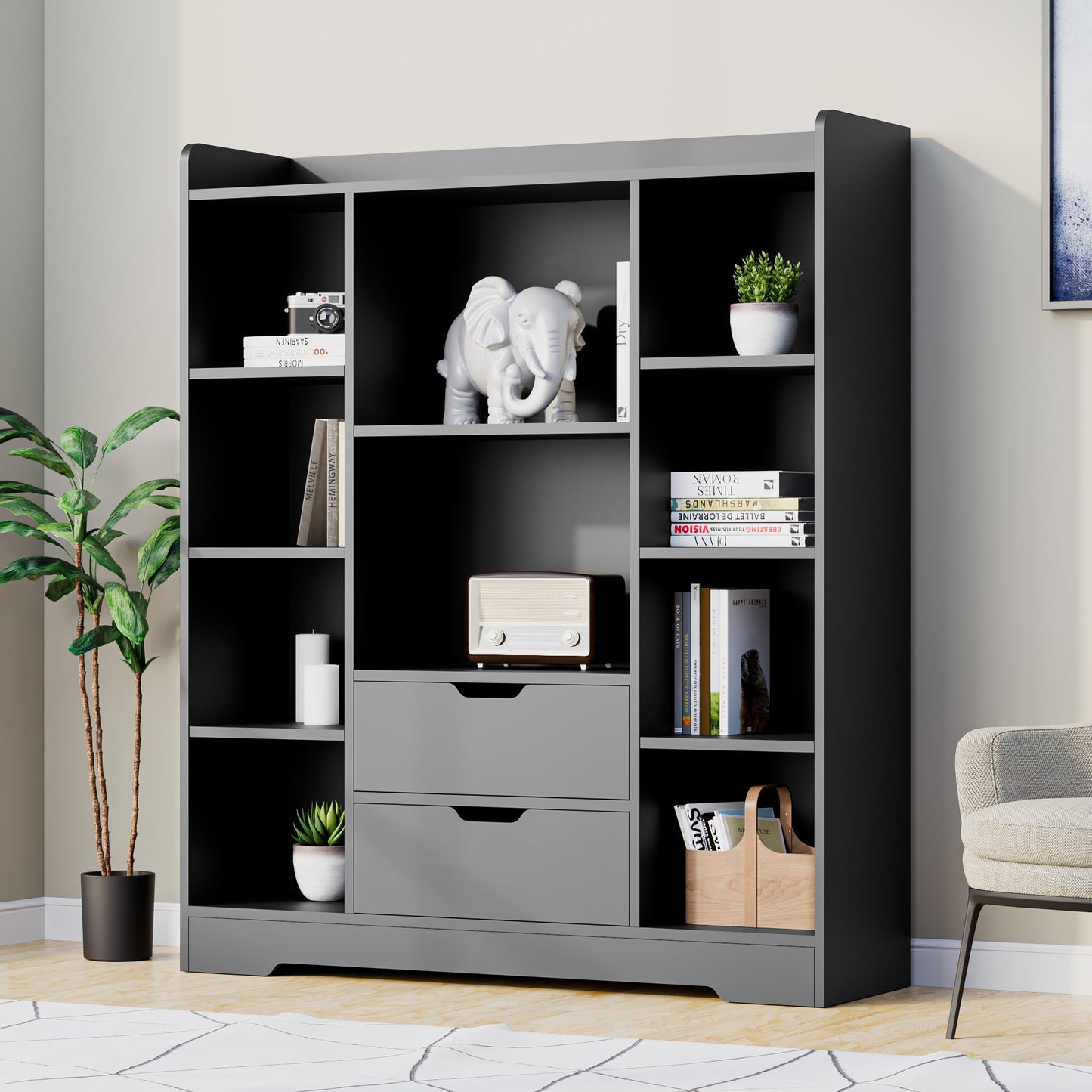 Cozy Castle Black Bookshelf, 4-Tier Open Shelf Bookcase with 2 Drawers and 10 Cubes, Wood Cube Storage Organizer Shelf for Bedroom, Living Room, 39.4" W X 47.2" H