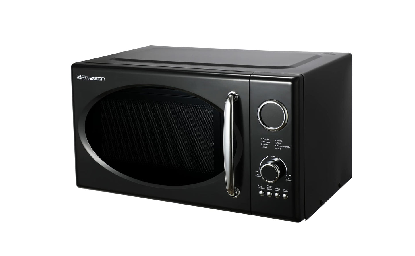 Emerson MWRG0901BK Retro Compact Countertop 800W Microwave Oven with 1,000W Grill Function, LED Display, 5 Power Levels, 8 Auto Menus, Glass Turntable and Child Safe Lock, 0.9 Cu. Ft., Black