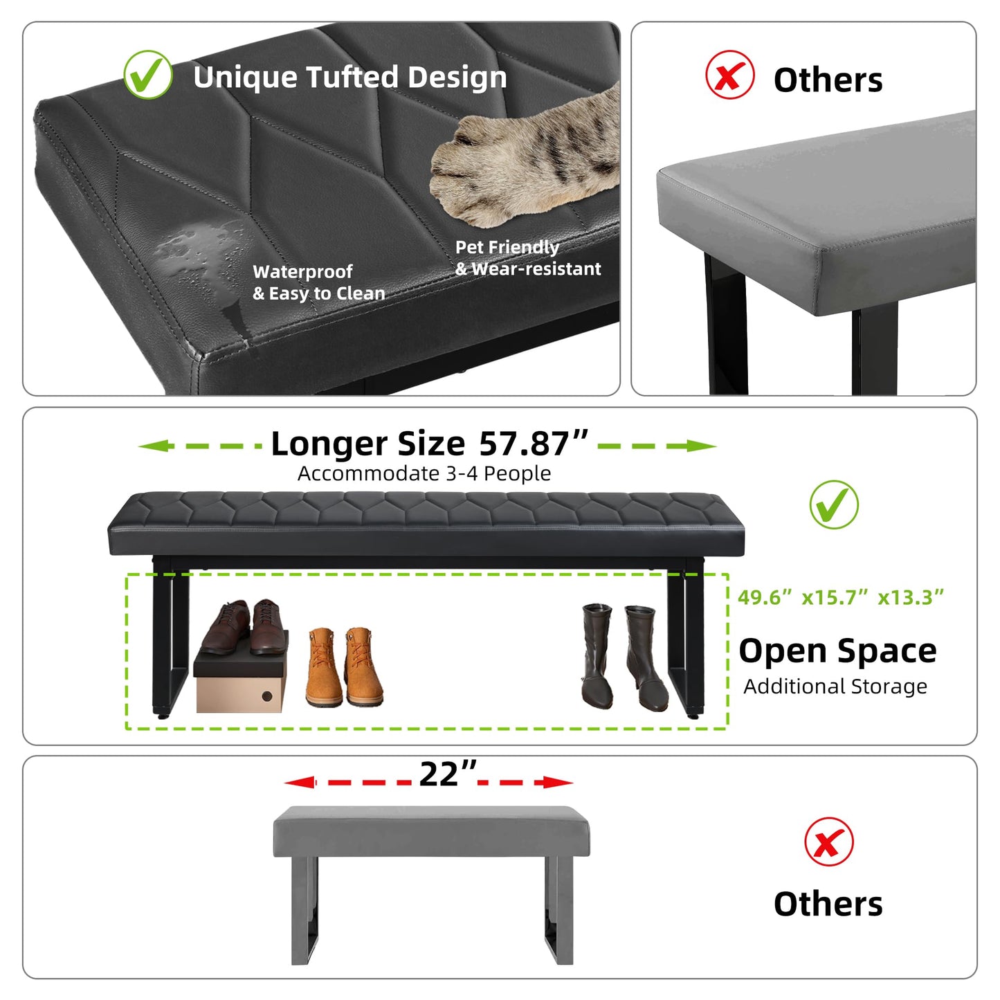 STHOUYN 58” Padded Dining Table Bench Pair of 2 for 6-8 Person, Faux Leather Indoor Cushioned Bench, Extra Long Bench for Dining Room Table, Bedside Bench, Shoe Bench, Entryway Bench (Black, 58")