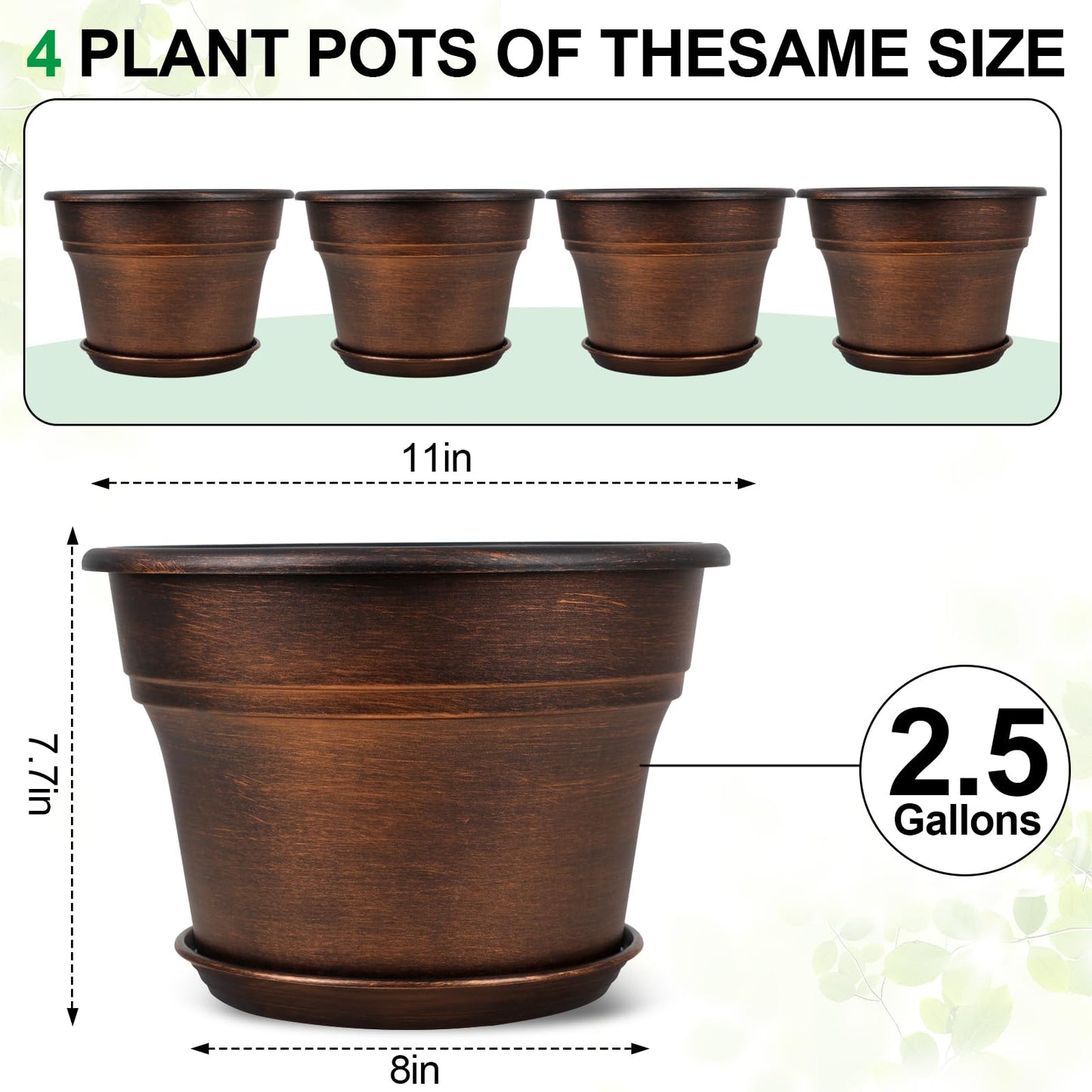 Plant Planters Pots Set of 4 Pack 11 Inch, Plastic Flower Pot for Indoor Plants with Drainage Holes & Trays, Resin Decorative Container Sets with Saucer for House Outdoor Garden Planters Copper