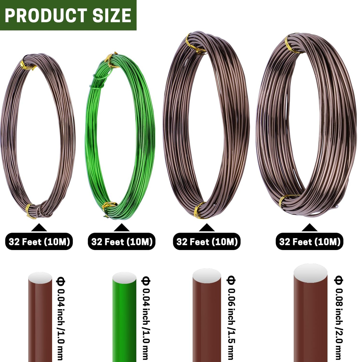 Bonsai Training Wire Set of 4 - Total 128 Feet(32 Feet Each Size) 3 Size - 1.0MM,1.5MM,2.0MM - Corrosion and Rust Resistant