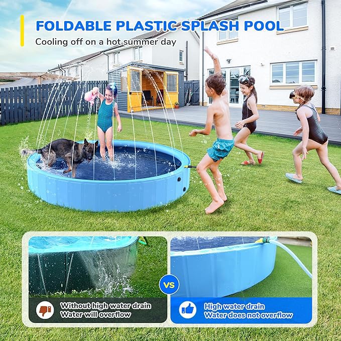 Bilibara 71'' Foldable Dog Pool, Sprinkler Pool for Kids, Non-Slip Kids Pool, Dog Swimming Pool for Kids, Heavy Duty Dogs Splash Pad Pools for Large Dogs, Hard Plastic Kiddie Pool for Backyard