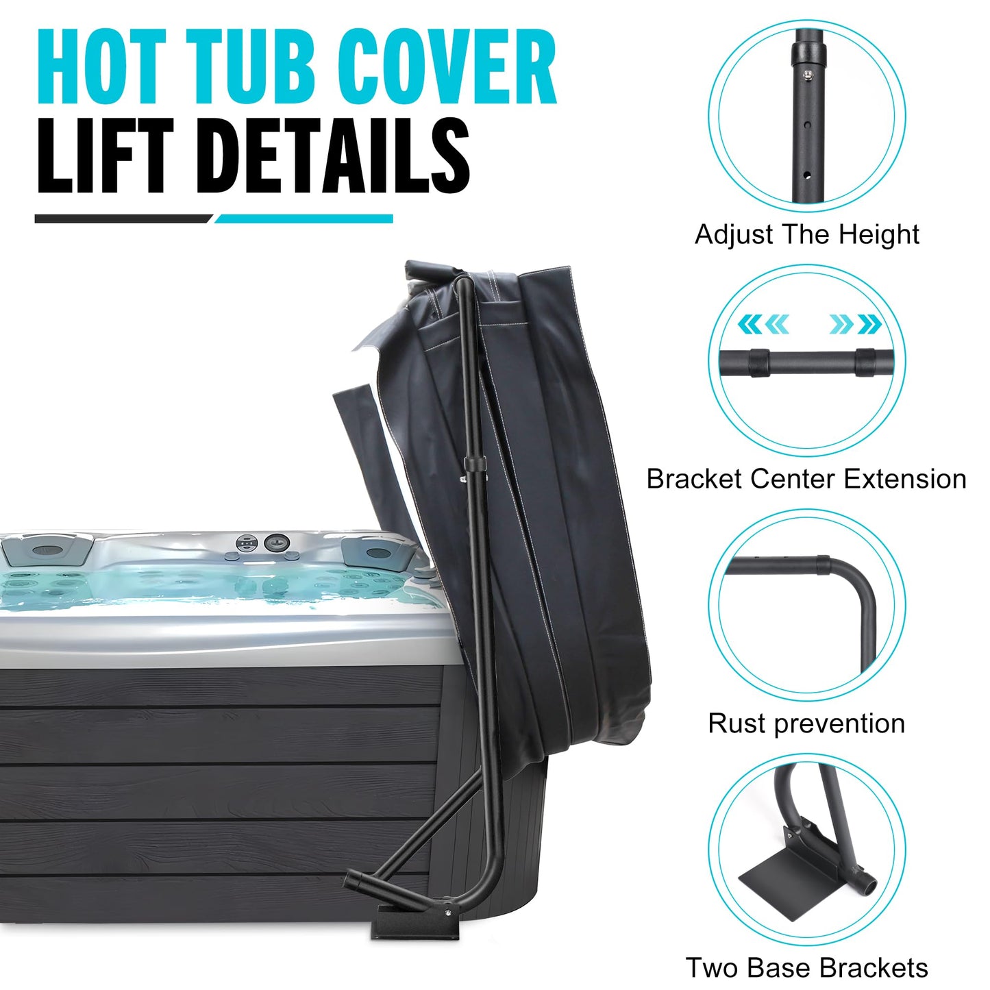Rengue Hot Tub Cover Lifter, Adjustable Height Spa Cover Lift Hot Tub Cover Lift Removal System Fit for Most Spa Hot Tubs Adjustable Reinforced Frame