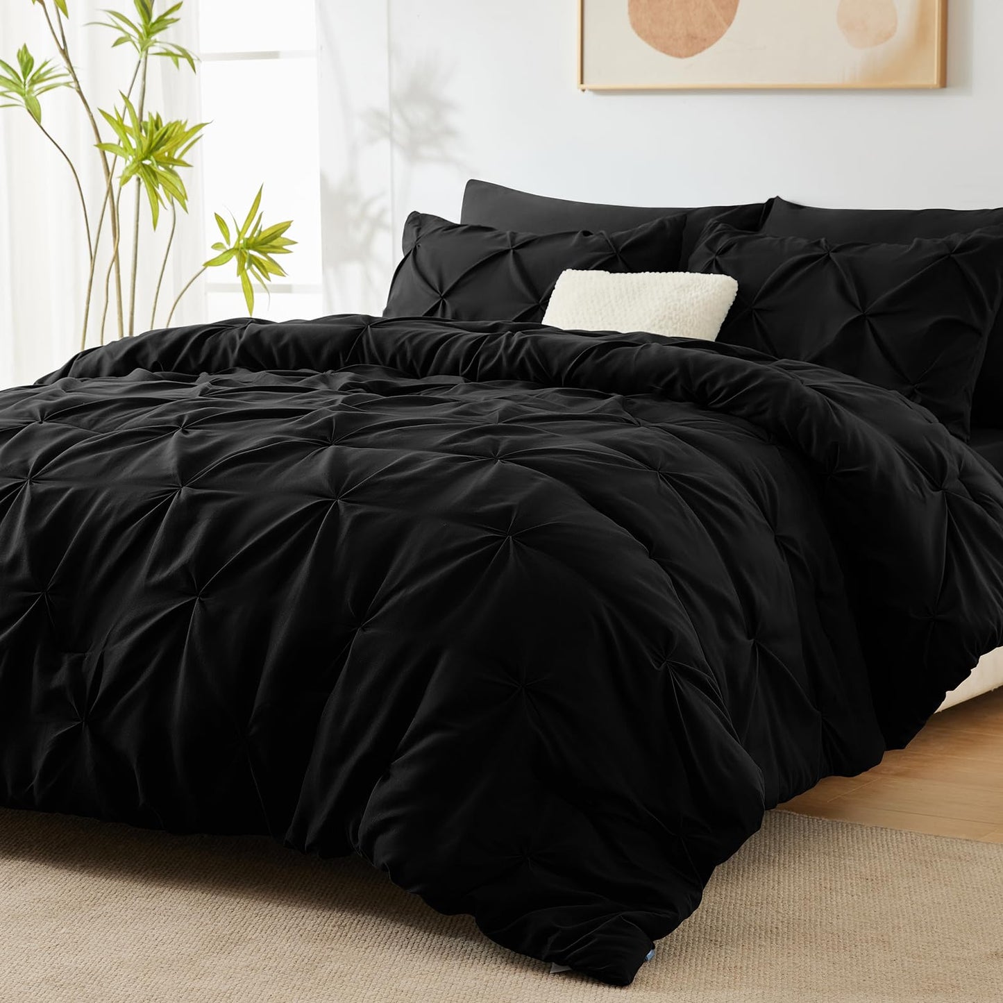 CozyLux Full Comforter Set - 7 Pieces Comforters Full Size Black, Pintuck Bed in A Bag Pinch Pleat Bedding Sets with All Season Comforter, Flat Sheet, Fitted Sheet and Pillowcases & Shams