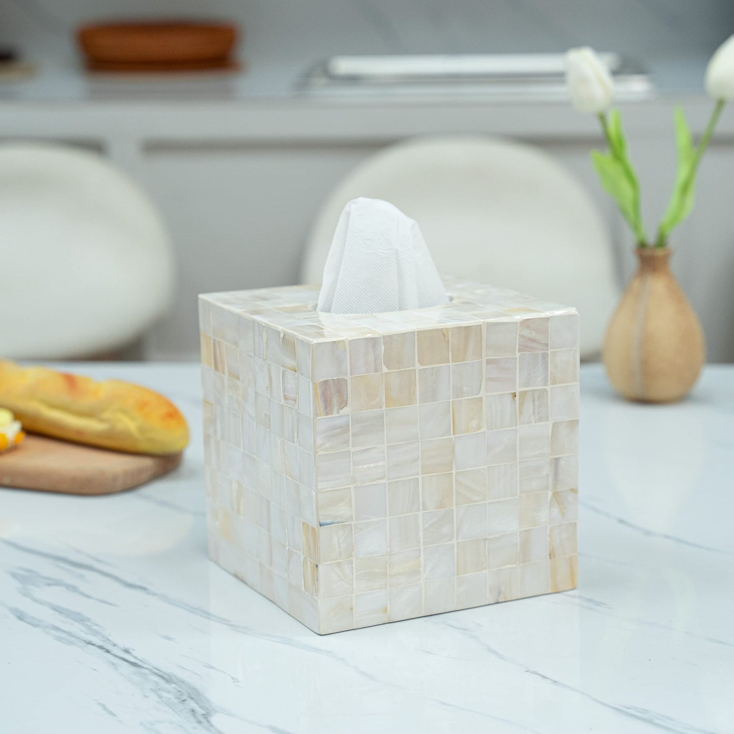 CLAYNIX Tissue Box Cover - Mosaic Mother of Pearl Inlay Tissue Box Holder - Tissue Box Cover Square 5.9 x 5.9 x 5.9 in - Decorative Bathroom, Bedroom or Office (White)