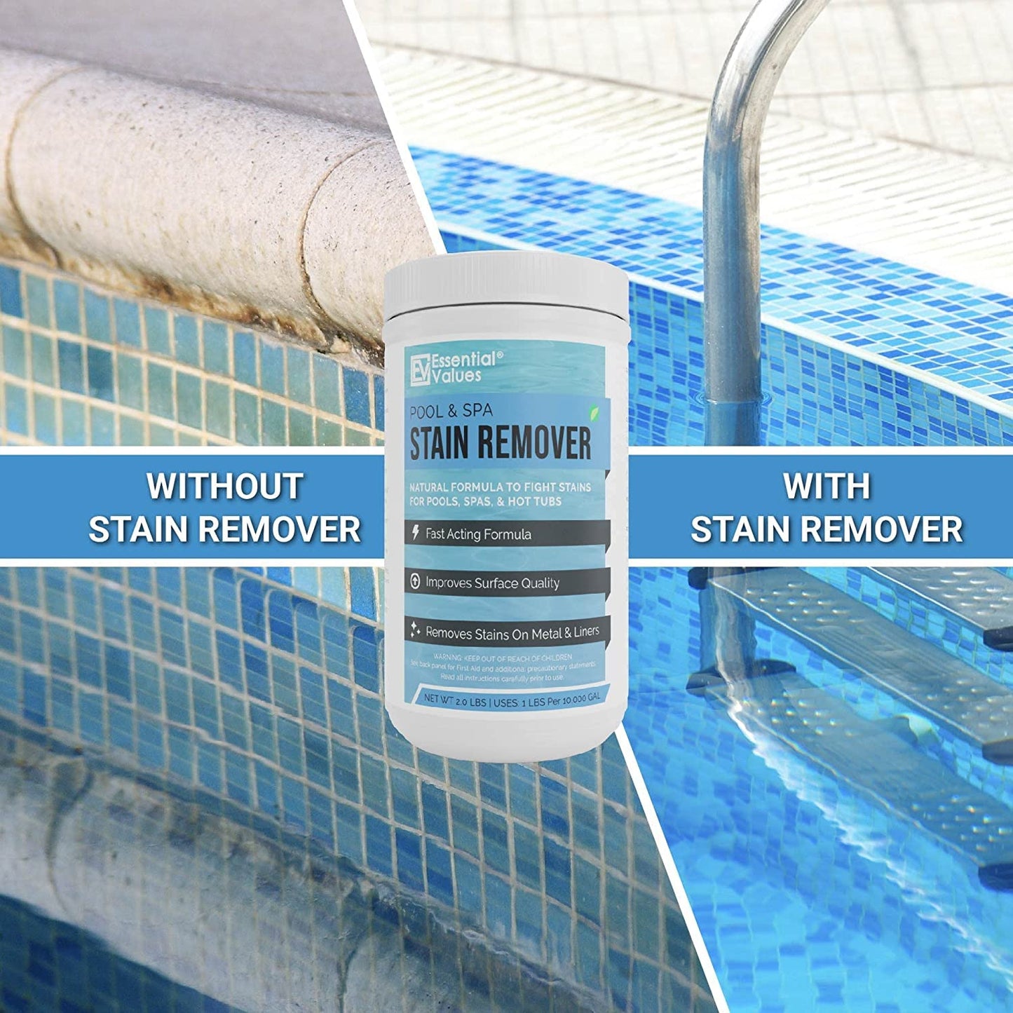 Essential Values Swimming Pool & Spa Stain Remover (2 LBS) - Compatible with Vinyl Liners, Fiberglass & Metals - Effective Formula Removes Rust & Tough Stains