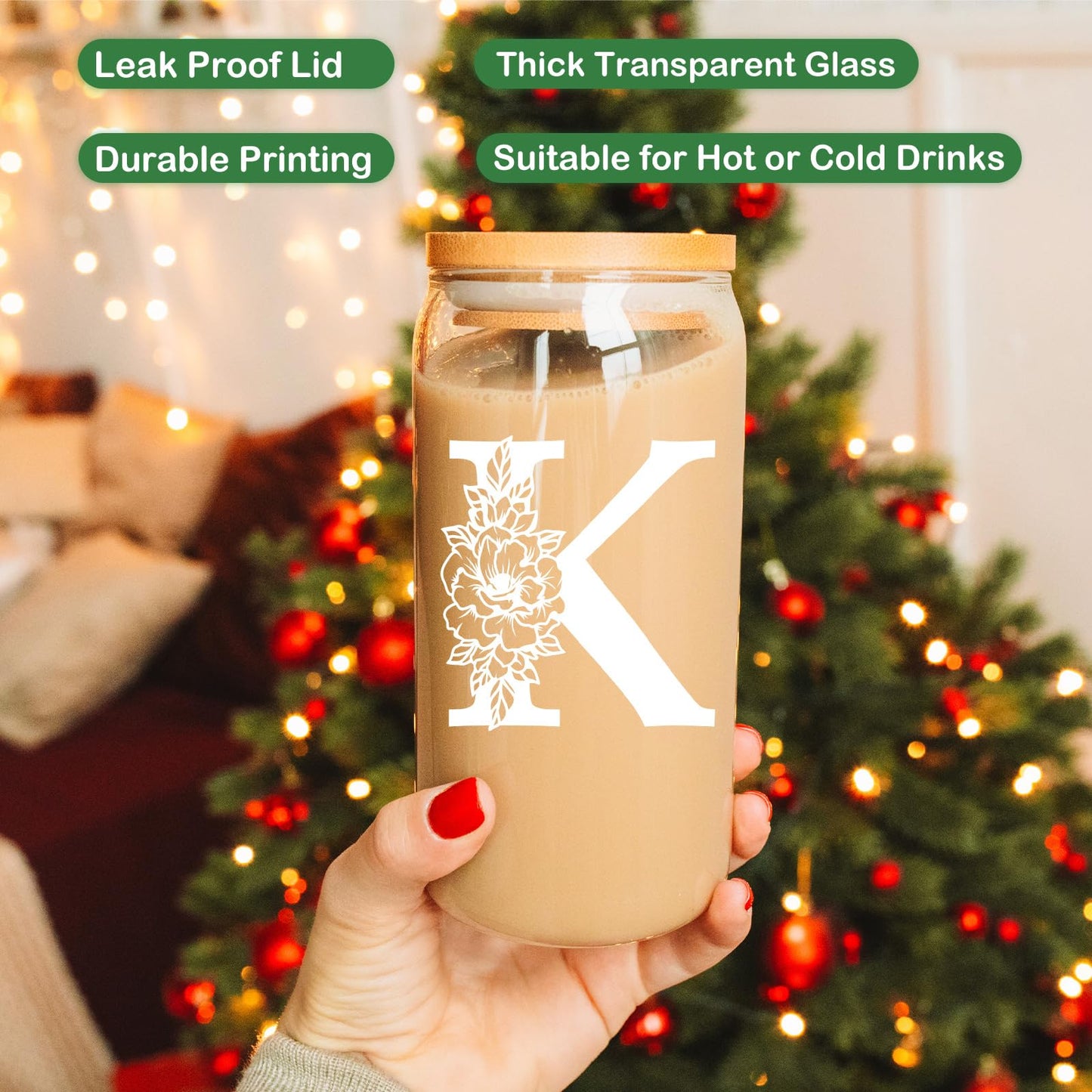 Coolife Initial Glass Cup, Monogrammed Gifts for Women, 16 oz Glass Cups w/Lids Straws, Iced Coffee, Smoothie Beer Glass Tumbler w/Straw Lid, Personalized Christmas, Birthday Gifts for Her Mom Friend