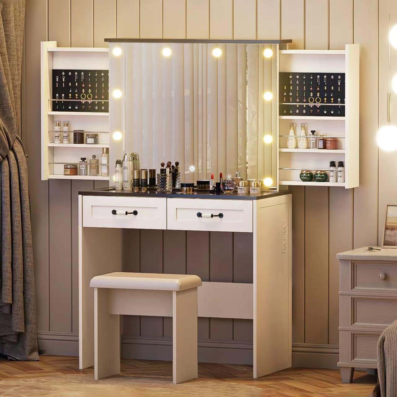 Small Farmhouse Vanity Desk with Jewelry Storage and Glass Top, White Makeup Vanity with Mirror and Lights, Compact Vanity with Chair, Charging Station for Bedroom