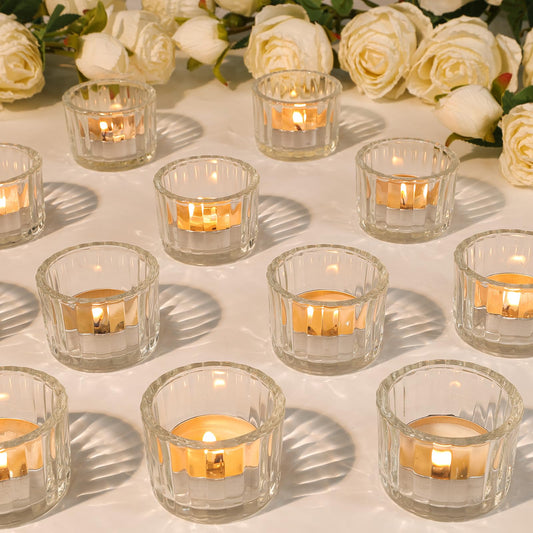 TBWIND 24 Pack Clear Mouth Tealight Candle Holder, Bulk Tea Light Votive Candle Holders for Centerpiece Table Decorations, Birthday Party, Wedding Centerpieces, Candlelight Dinner