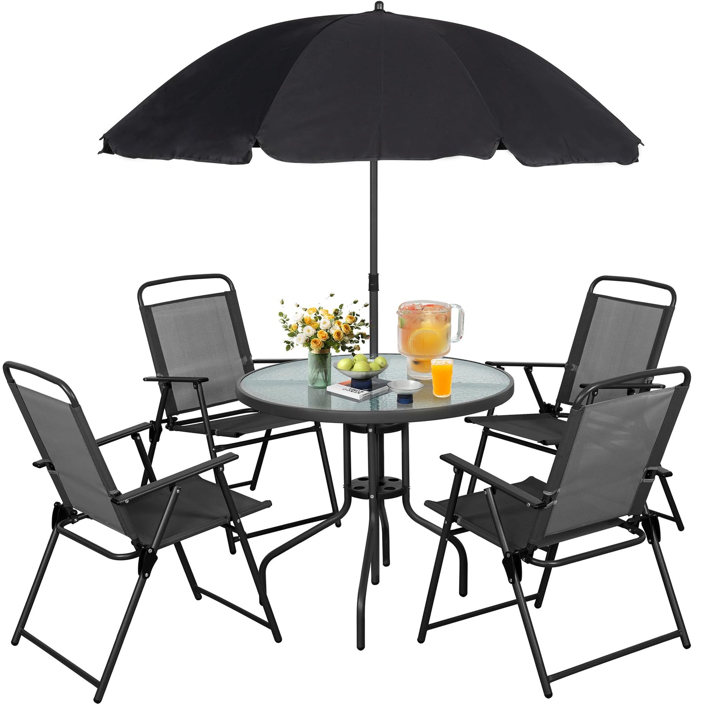 Vongrasig 6 Piece Folding Patio Dining Set,Small Metal Outdoor Garden Patio Table and Chair Set w/Umbrella for Lawn,Deck,Backyard,Black