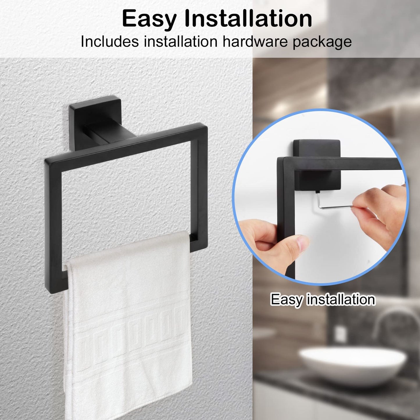 2-Piece Matte Black Square Towel Ring,Modern Hand Towel Holder for Bathroom,SUS304 Stainless Steel Towel Hangers Wall-Mounted